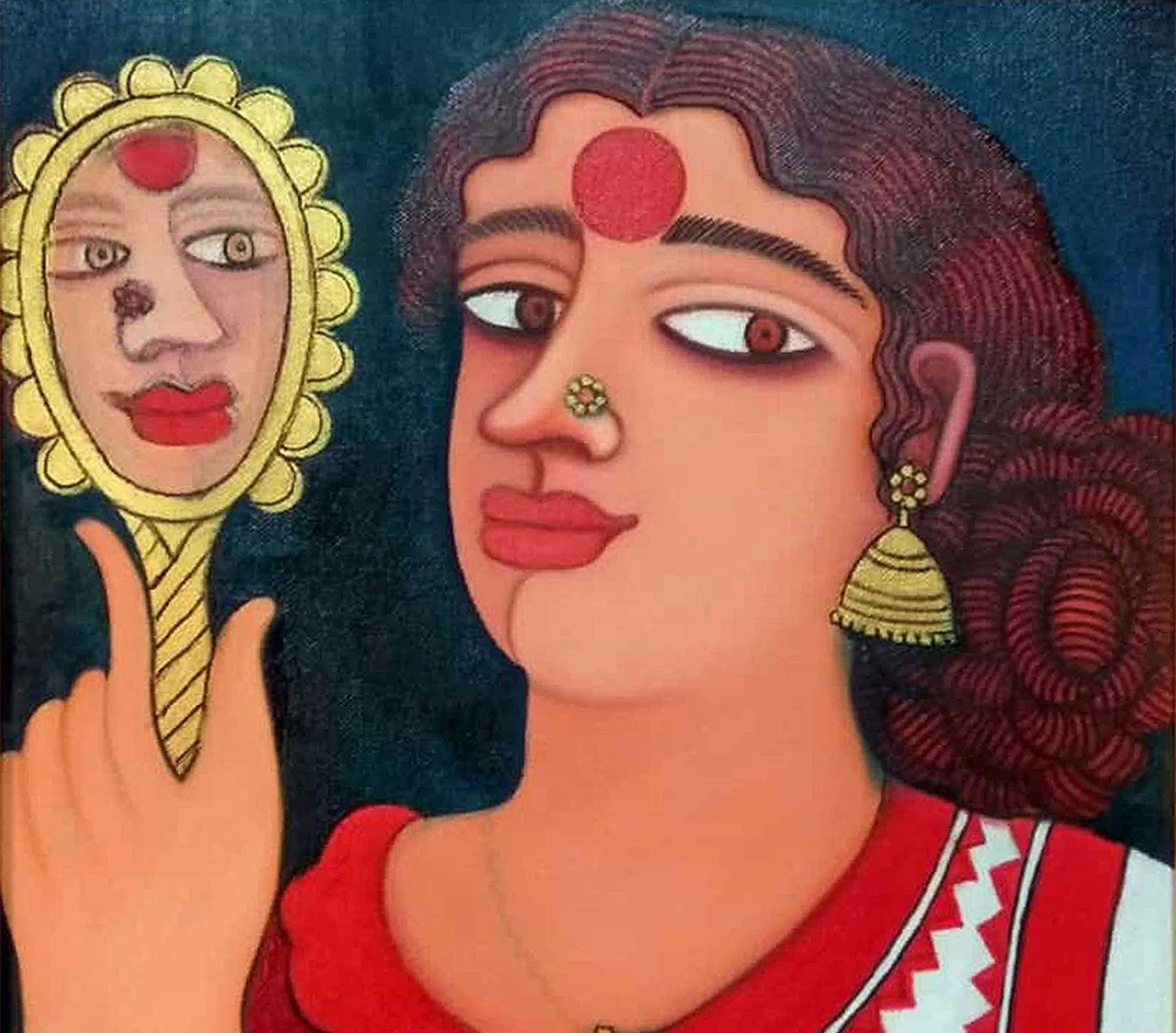 Women looking at Mirror, Acrylic & Oil on canvas, Red, Yellow, Brown 