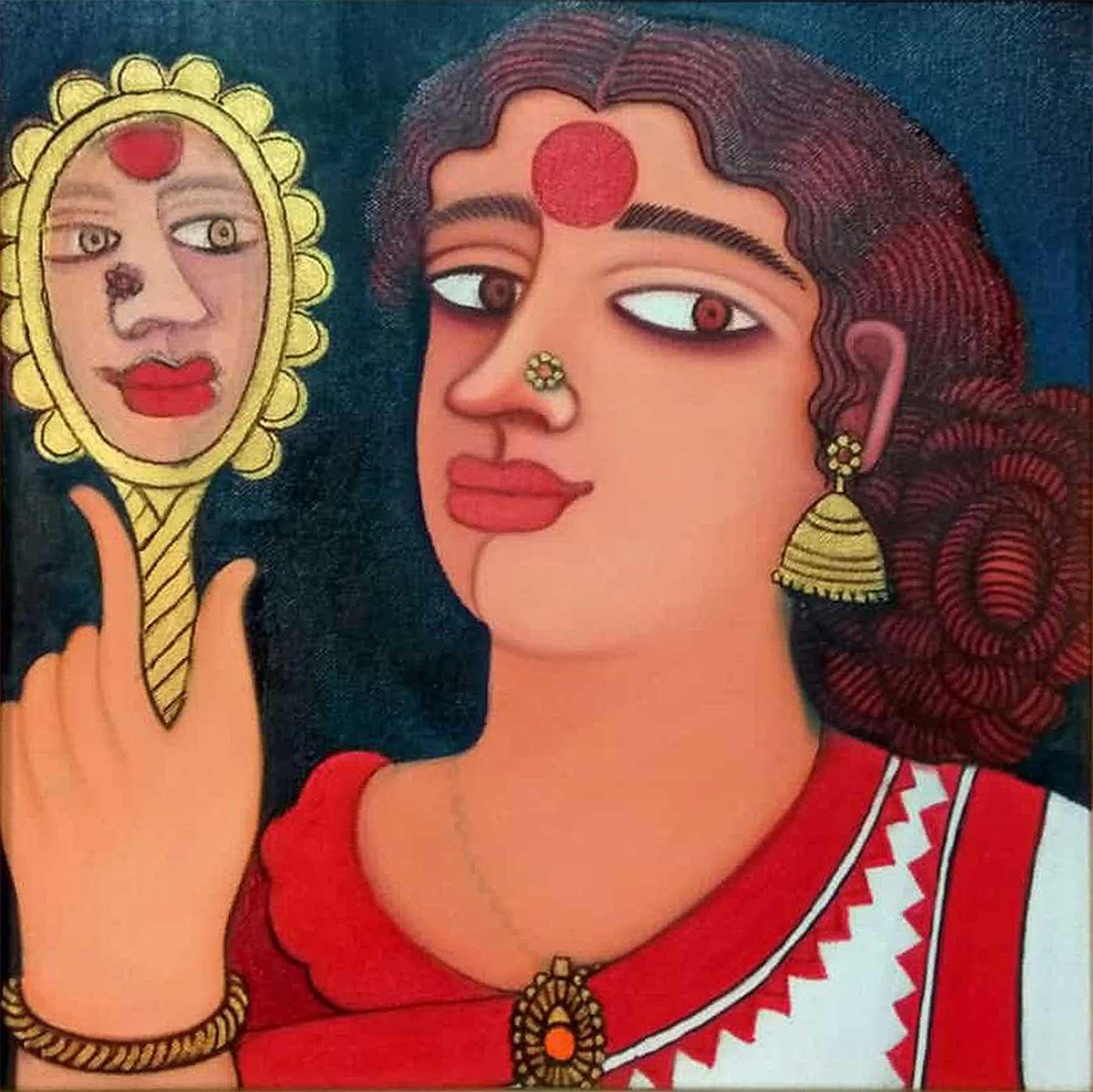 Shipra Bhattacharya Figurative Painting - Women looking at Mirror, Acrylic & Oil on canvas, Red, Yellow, Brown "In Stock"