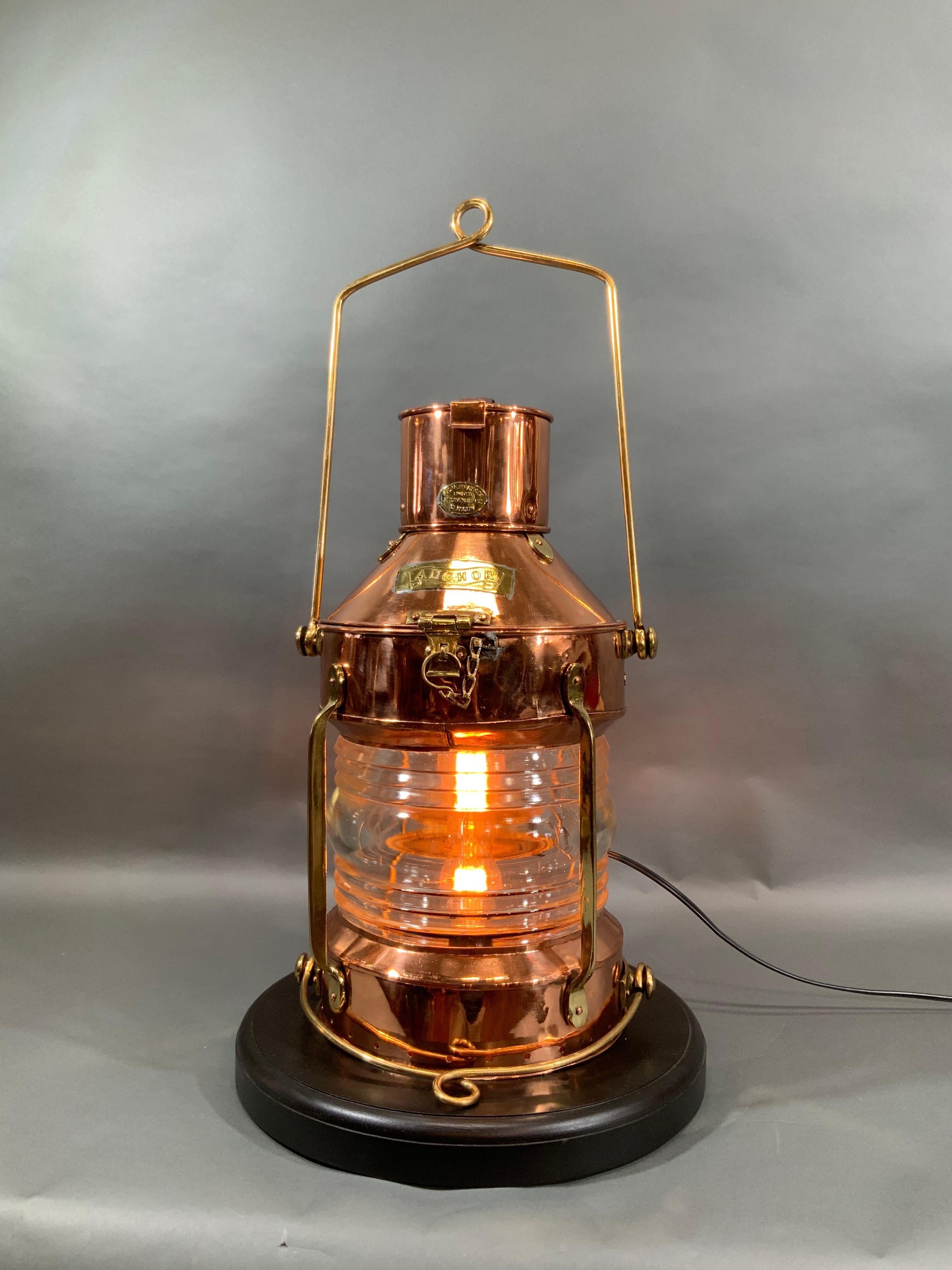 Ship's Anchor Lantern of Copper and Brass with Fresnel Glass Lens by R.C. Murray In Good Condition In Norwell, MA