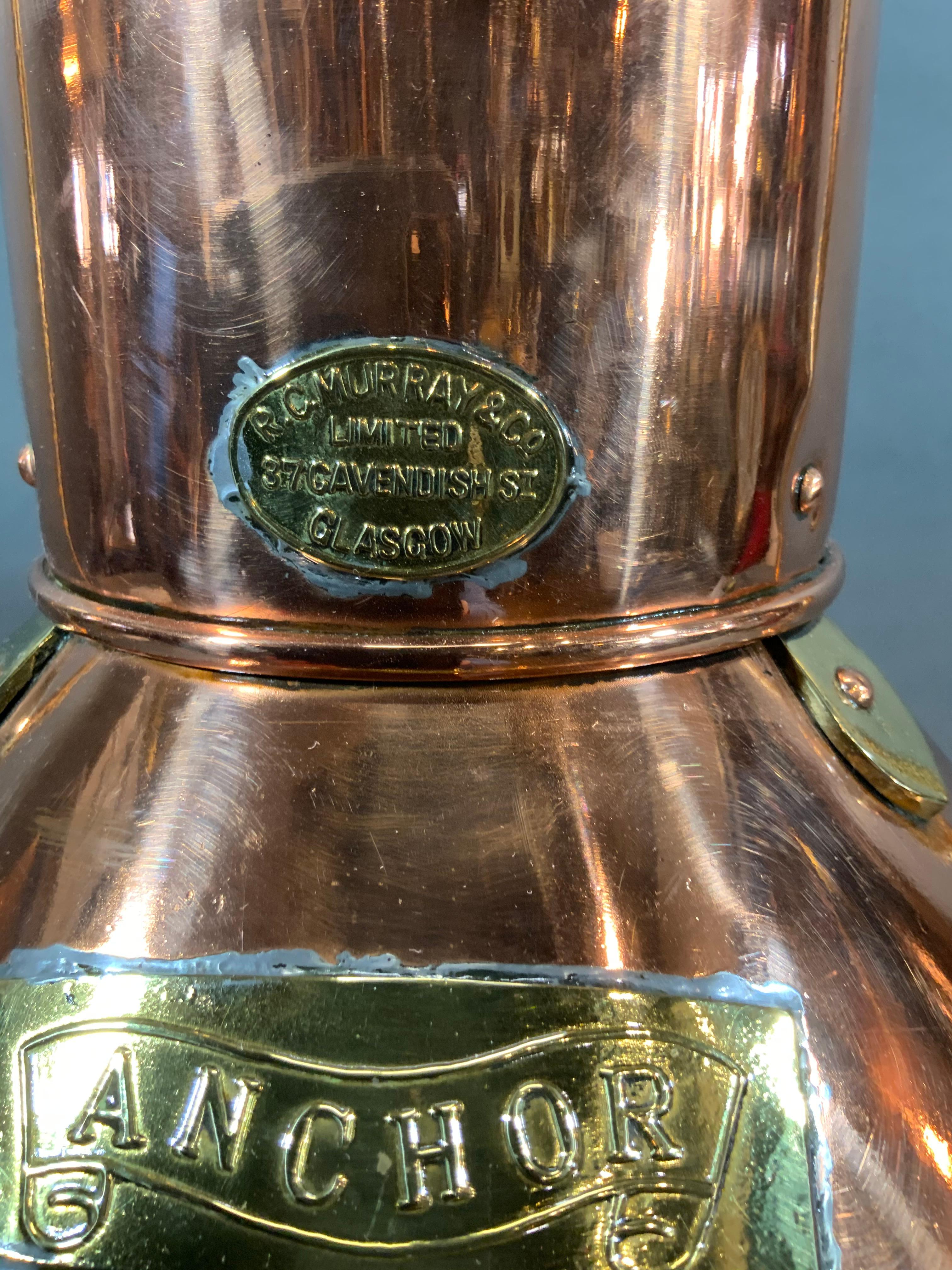 Mid-20th Century Ship's Anchor Lantern of Copper and Brass with Fresnel Glass Lens by R.C. Murray