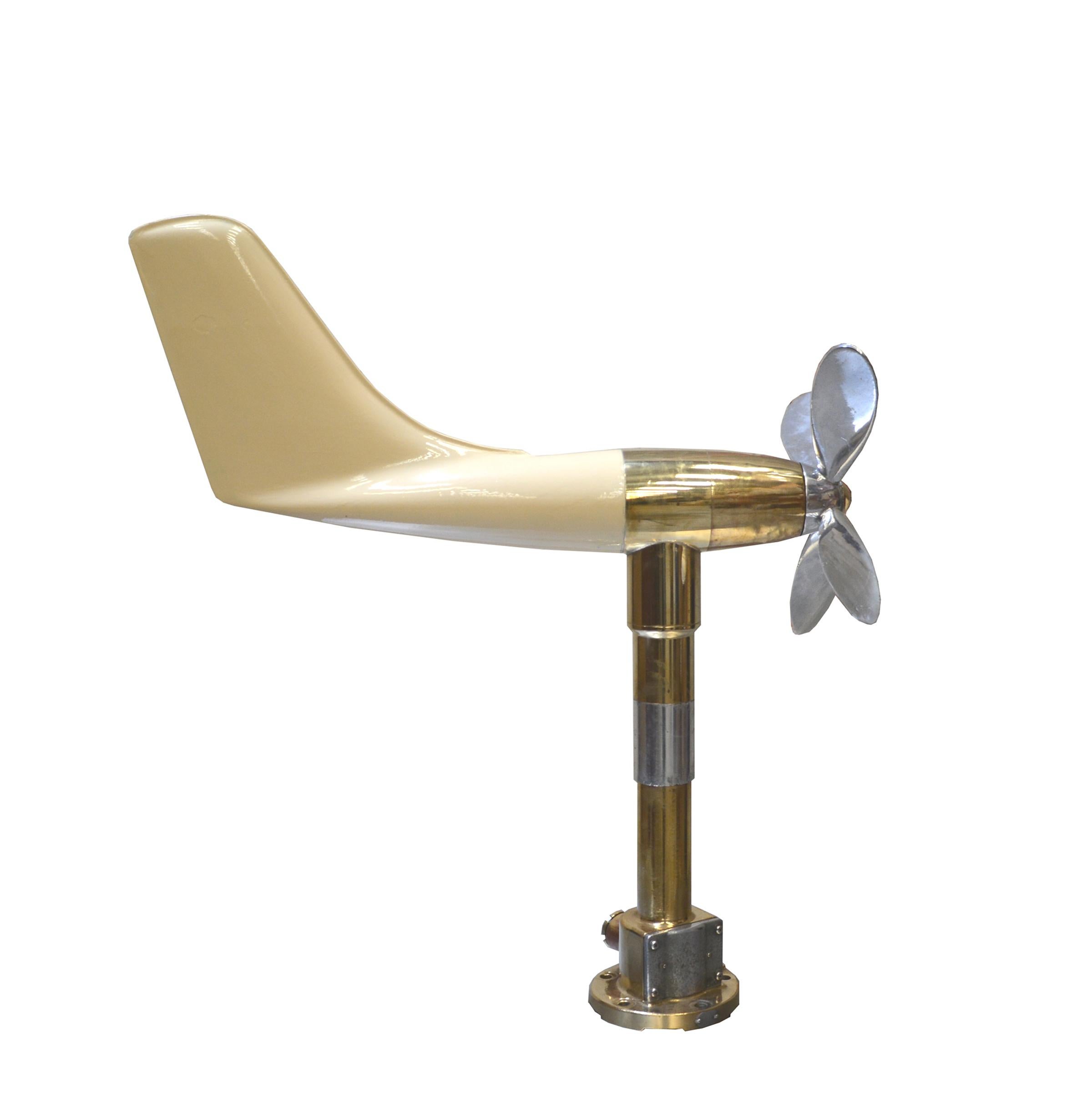 This anemometer was used on ships to measure wind direction and speed. Brass foot and fiberglass body, aluminium propeller.
Measures: L 70 / H 77 cm propeller D 35 cm / Base D 15 cm 11.5 kg
We have another same piece with aluminium propeller and