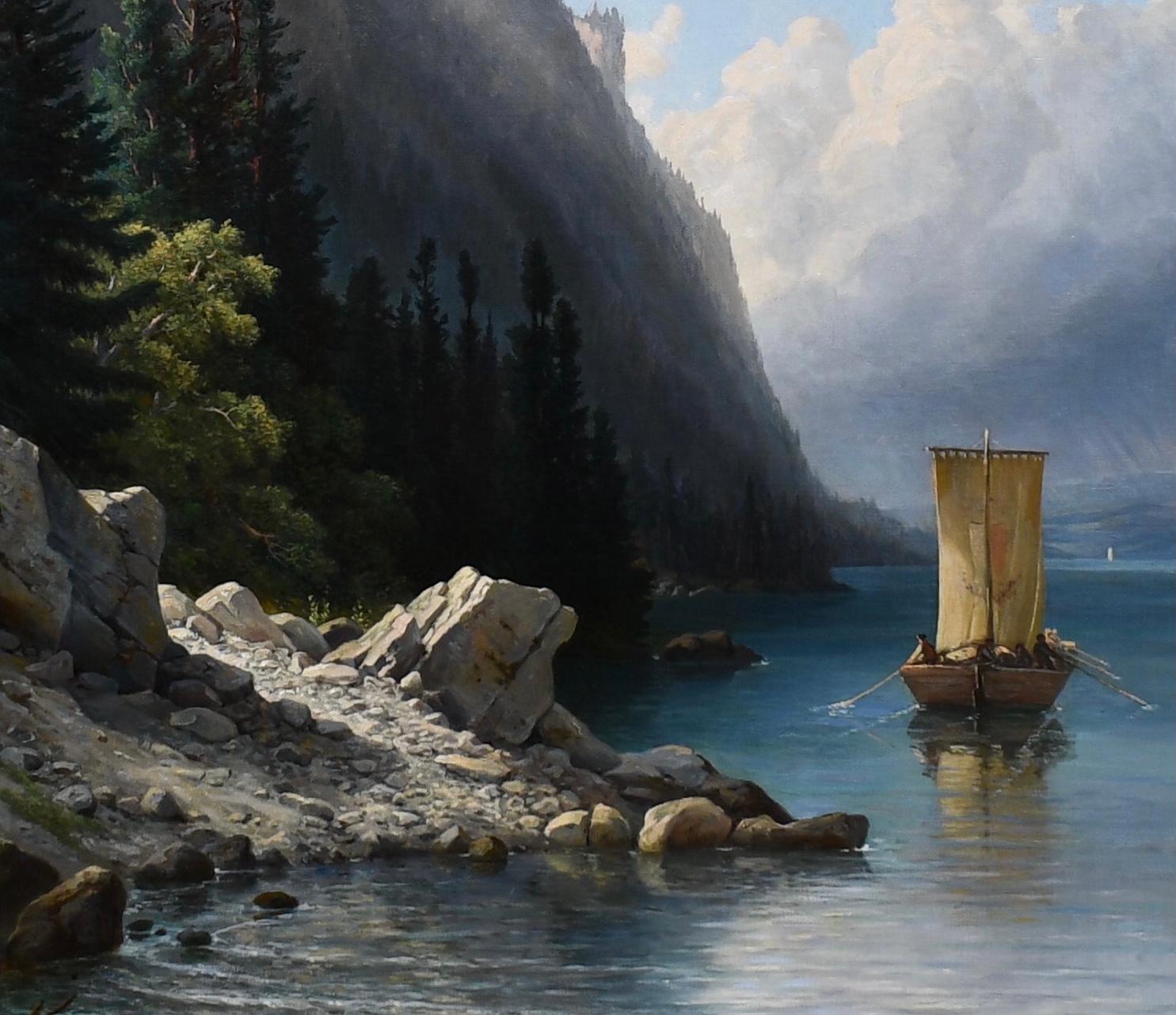 Jakob Josef Zelger (Swiss, 1812-1885)
Ships Approaching the Shore on an alpine lake, most likely in Switzerland signed 'J Zelger' (lower left)
Provenance: Christies NYC October 2007 
Oil on canvas, measuring 47.5