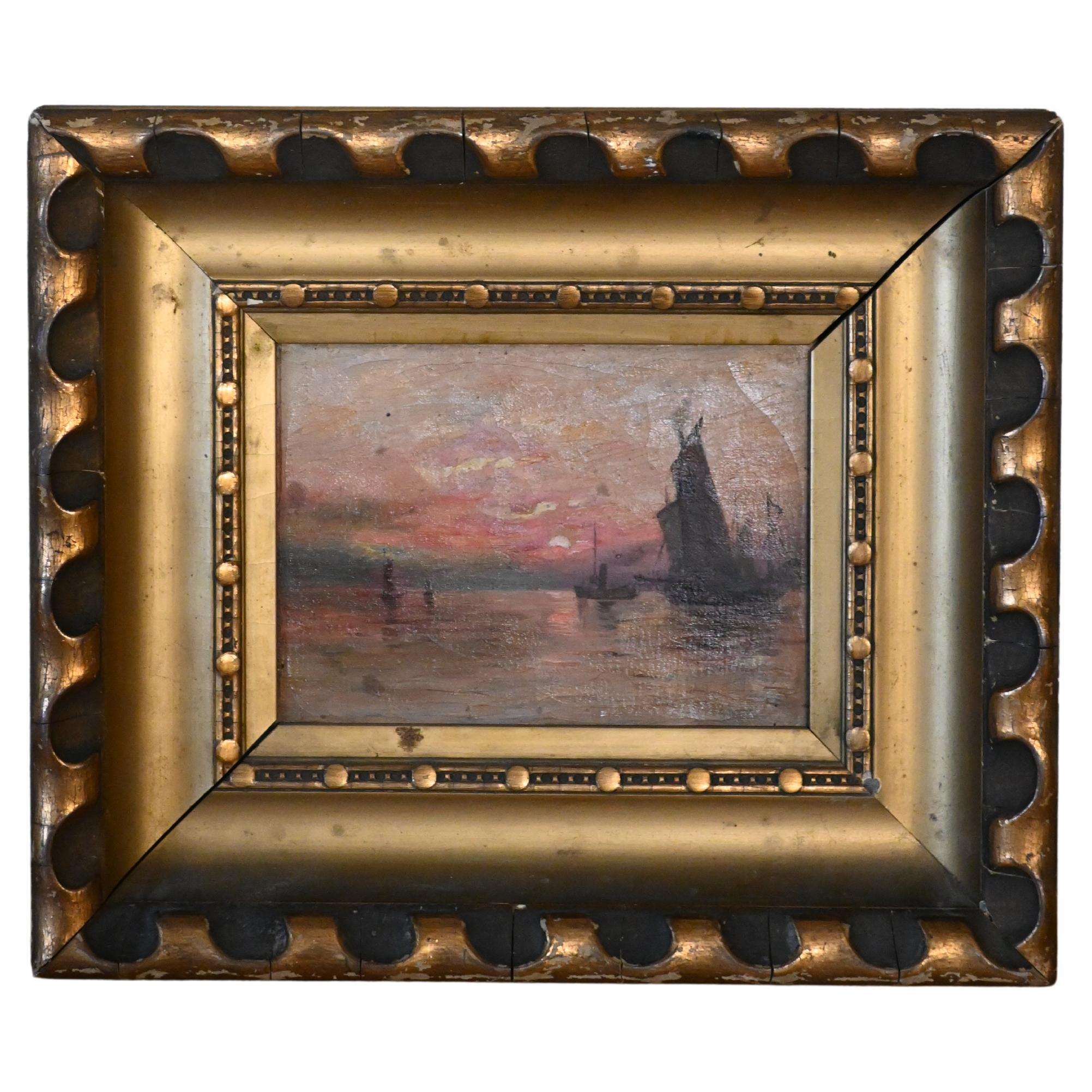 Ships at Sunset Oil Painting on Board