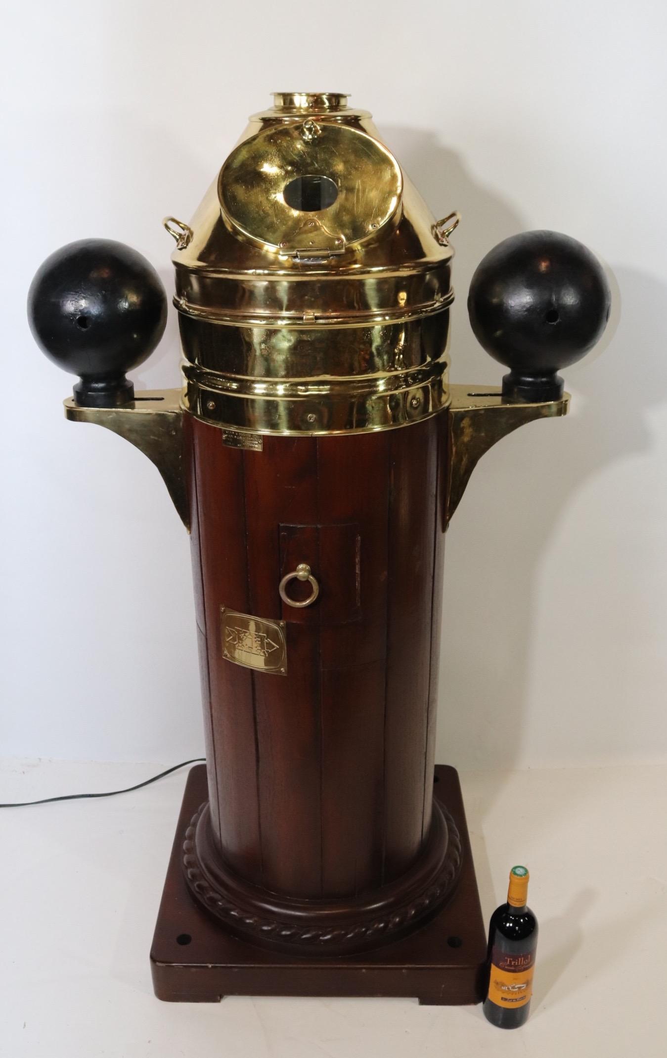 Large British Ships Binnacle with brass hood, brass compensating ball brackets, brass nameplate, and gimbaled compass, from John Lilley of North Shields England. The interior is painted white and has been rewired with new socket for illumination,
