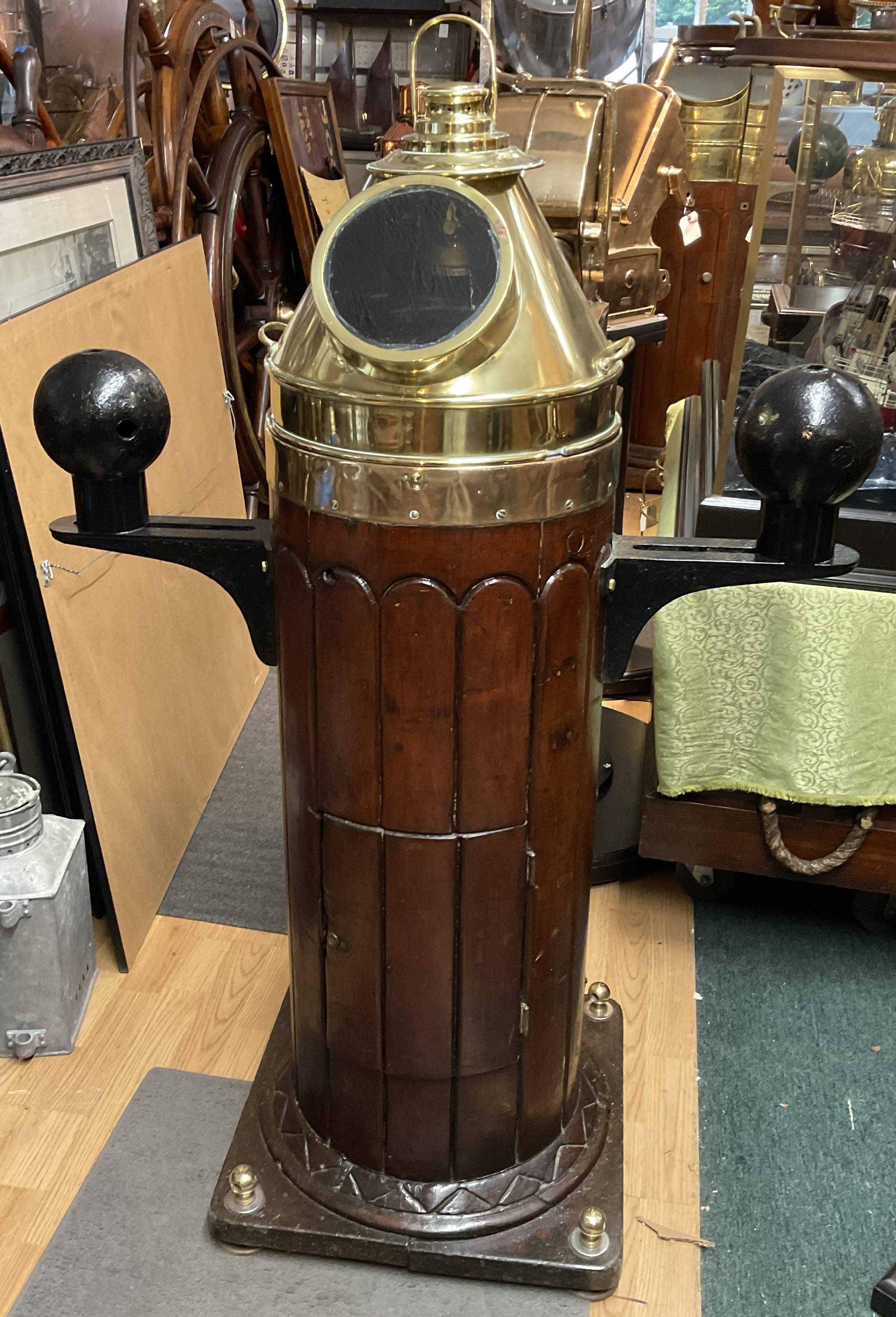 Ships binnacle with varnished wood base, gimballed brass compass, iron compensating balls, etc. 49x31x20