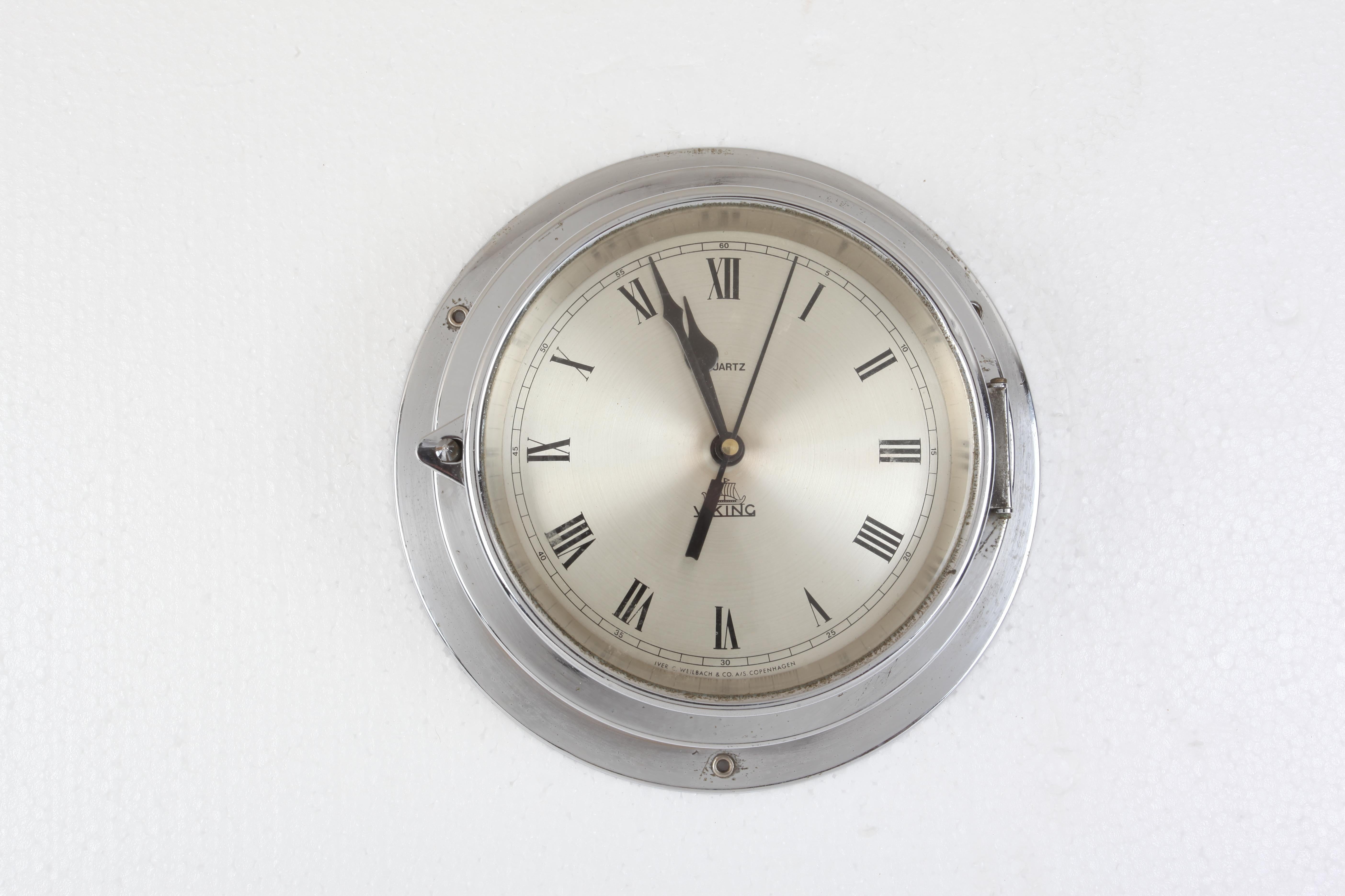 Industrial Ship's Chrome Wall Clock by Viking, 1970s, Denmark