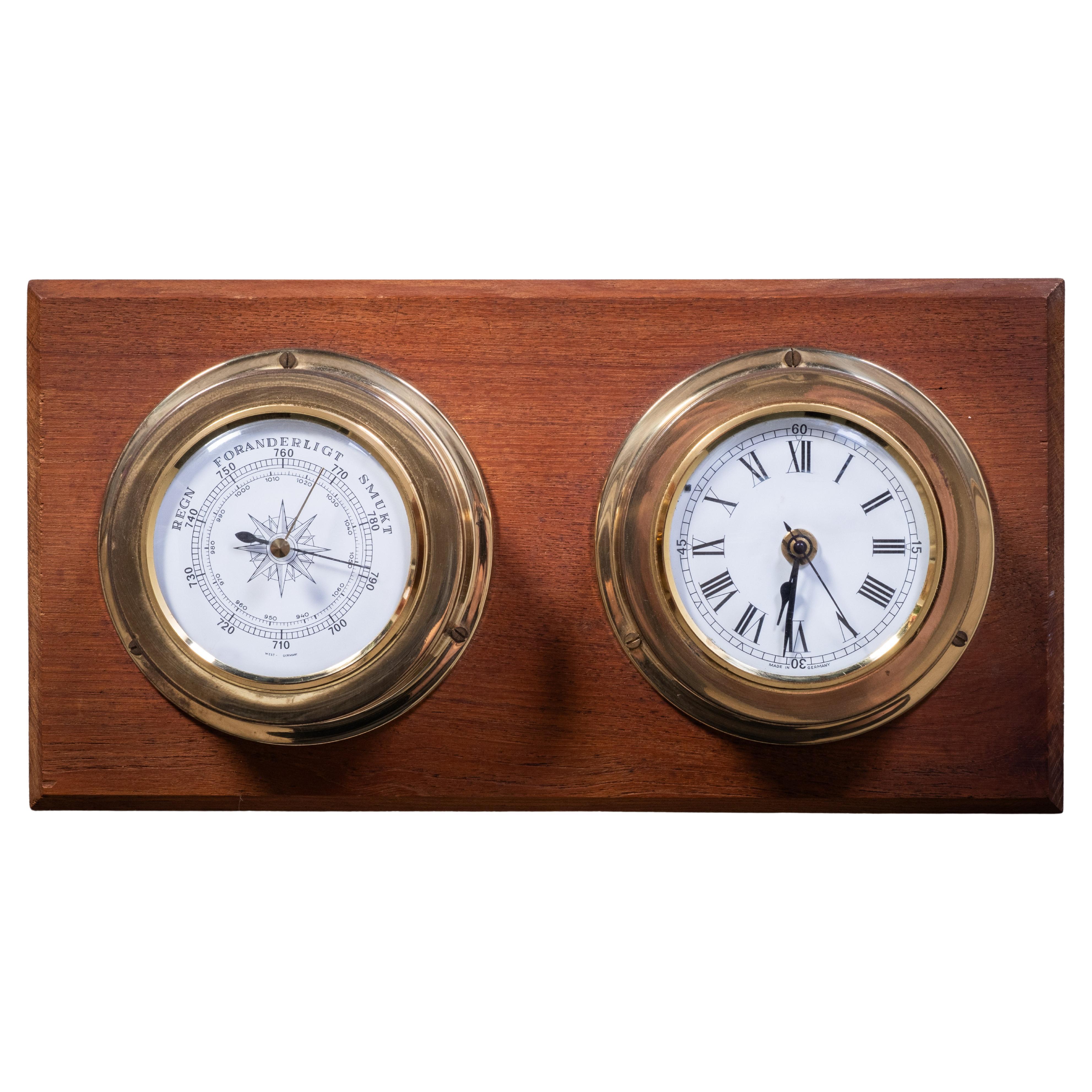 Ships Clock and Barometer in Teak and Brass, 1960s For Sale