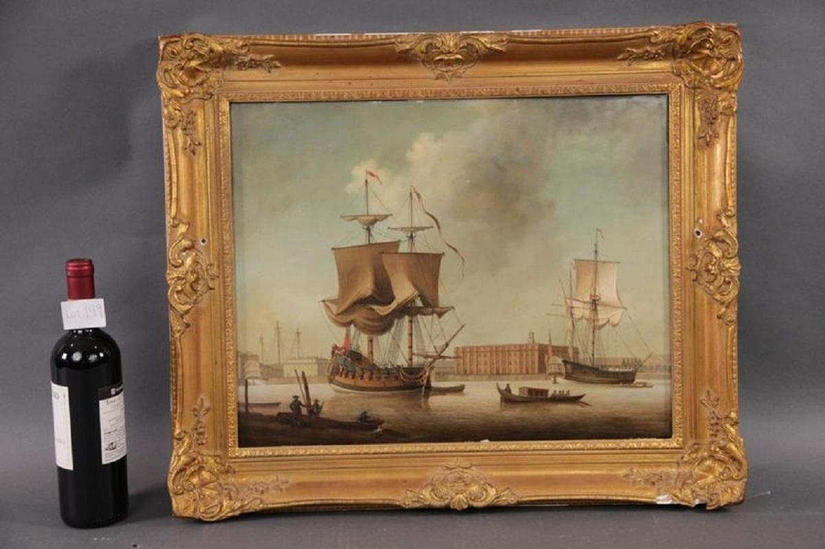 Oil on board of a harbor scene by noted British artist Louis Dodd. The work shows precise detail.

Overall Dimensions: 21