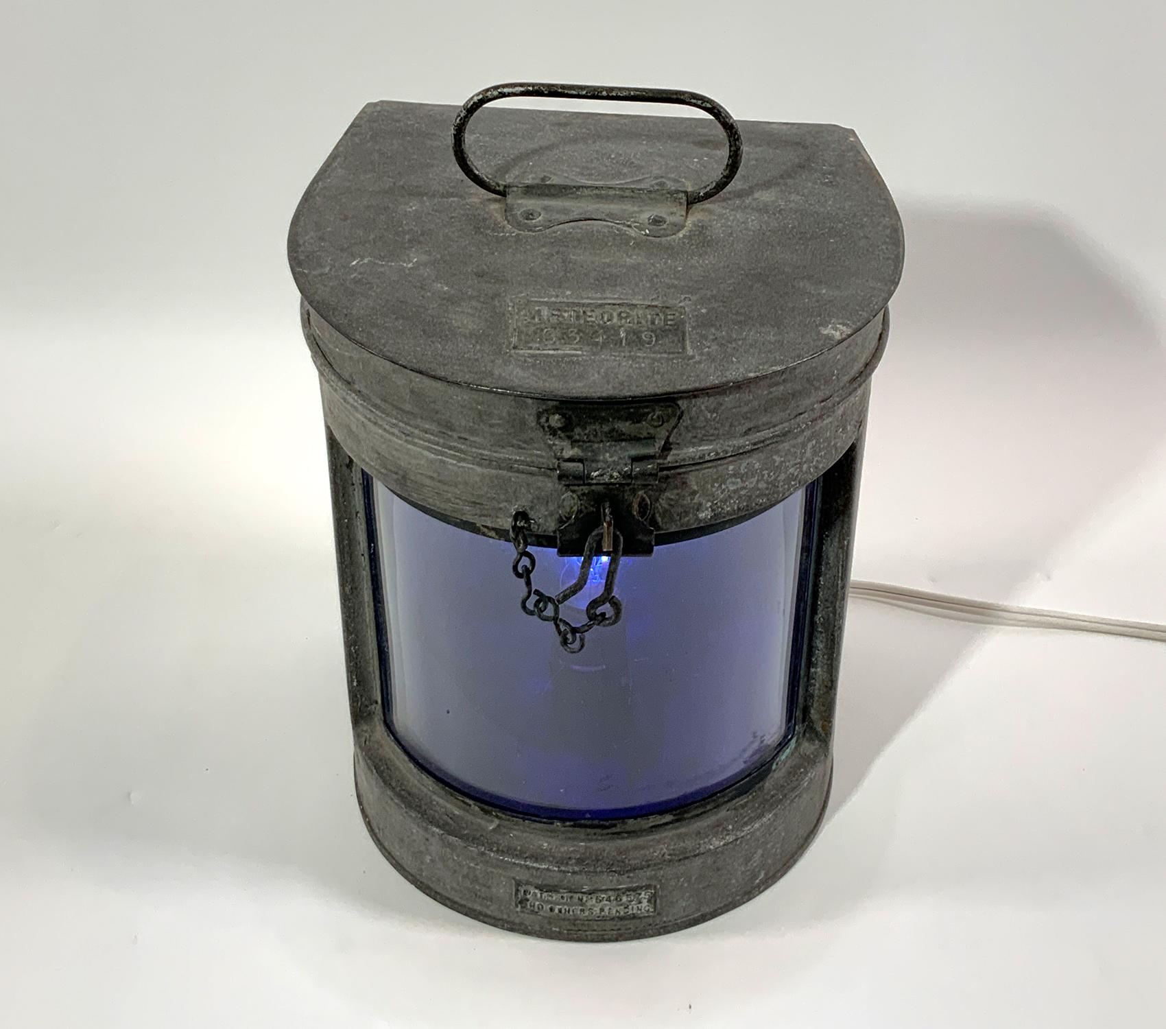 Early 20th Century Ships Lantern with Cobalt Blue Lens For Sale