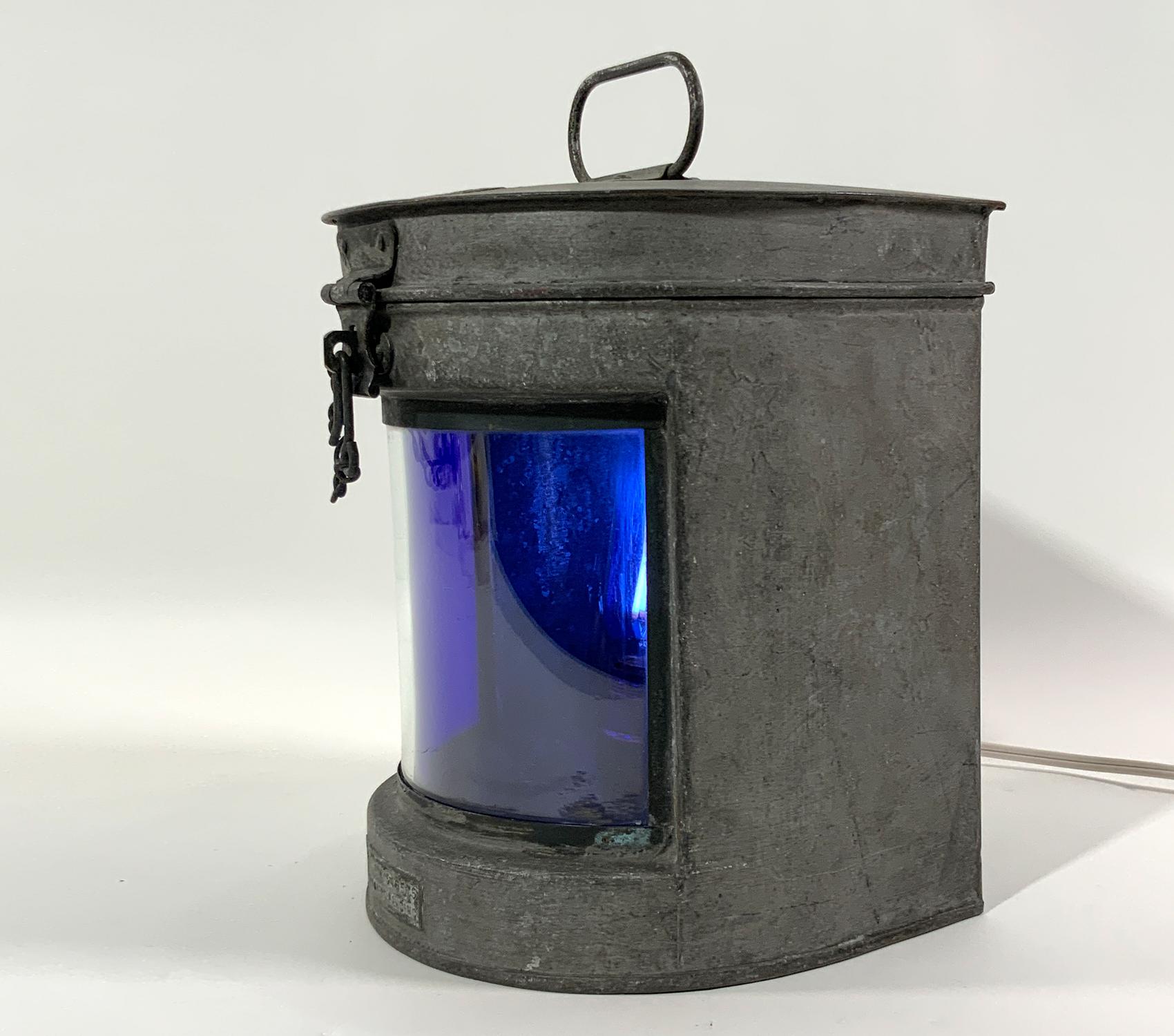 Metal Ships Lantern with Cobalt Blue Lens For Sale