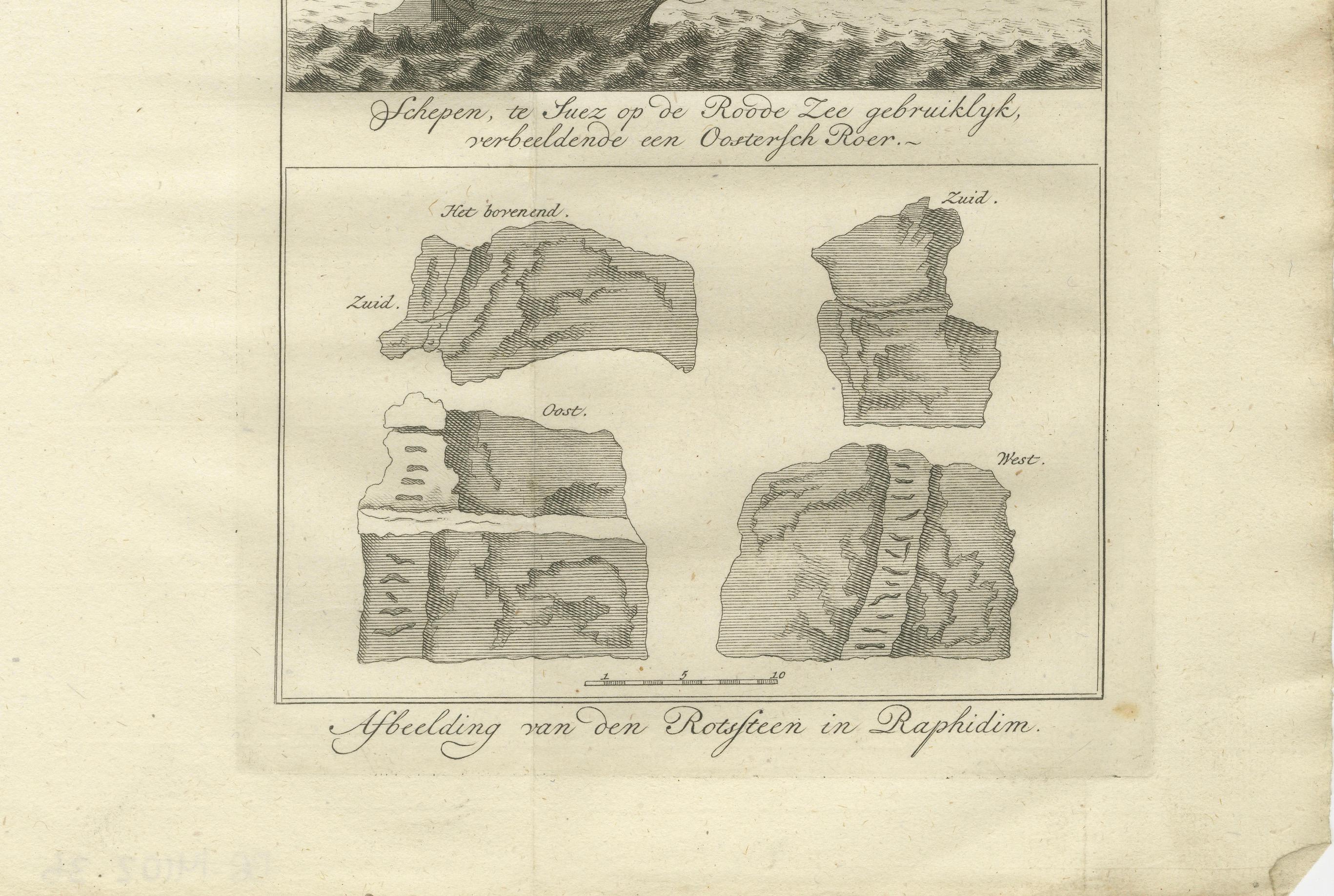 Barcos en el Mar Rojo y la Roca de Refidim - Grabado bíblico holandés c.1776 Holandés en venta