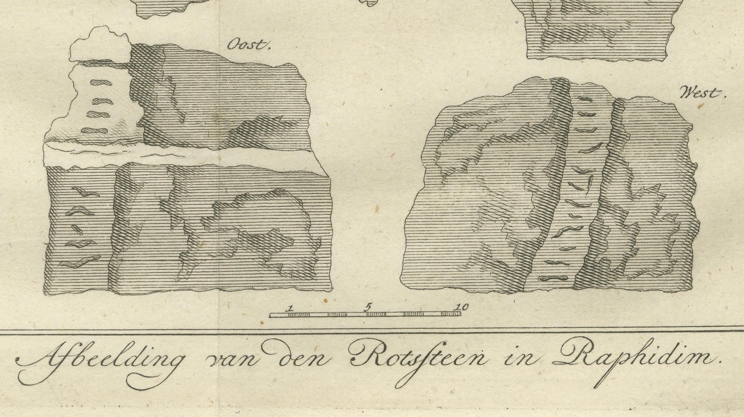 Barcos en el Mar Rojo y la Roca de Refidim - Grabado bíblico holandés c.1776 en Bueno estado para la venta en Langweer, NL