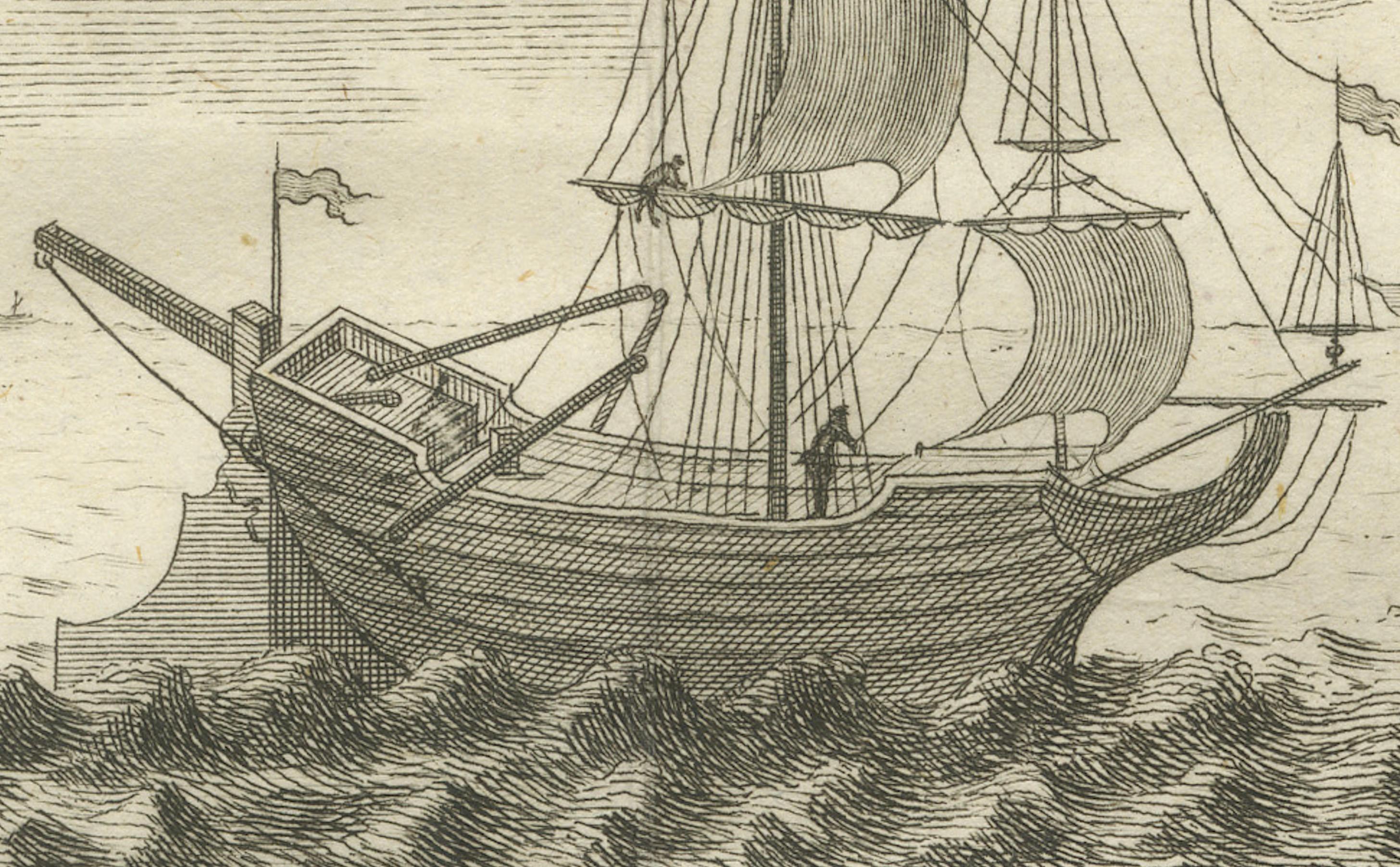 Barcos en el Mar Rojo y la Roca de Refidim - Grabado bíblico holandés c.1776 Papel en venta