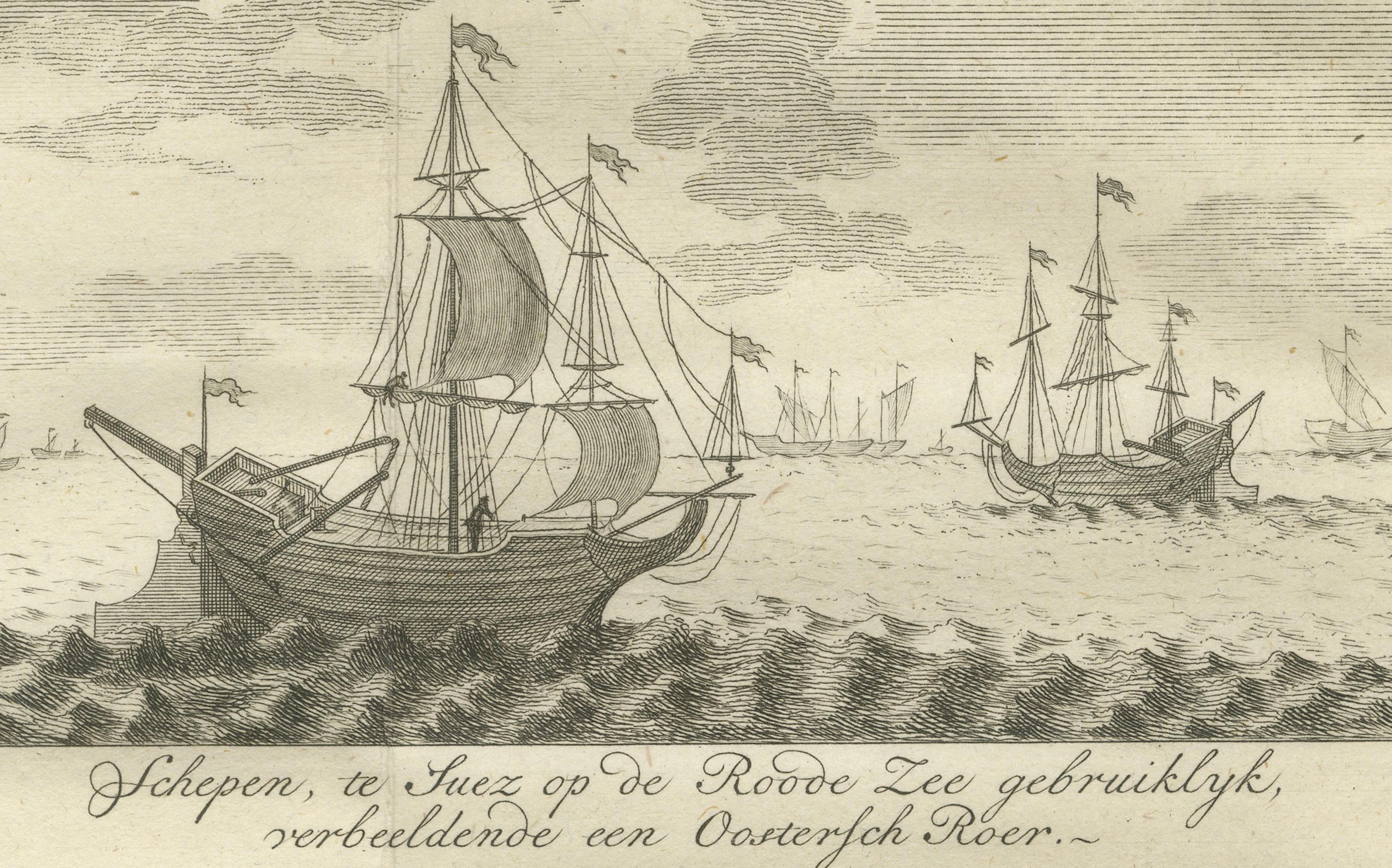Barcos en el Mar Rojo y la Roca de Refidim - Grabado bíblico holandés c.1776 en venta 1
