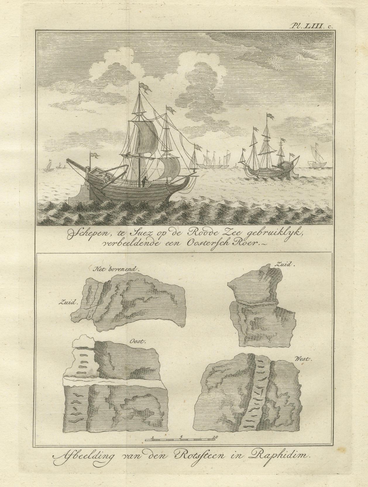 Barcos en el Mar Rojo y la Roca de Refidim - Grabado bíblico holandés c.1776 en venta 2
