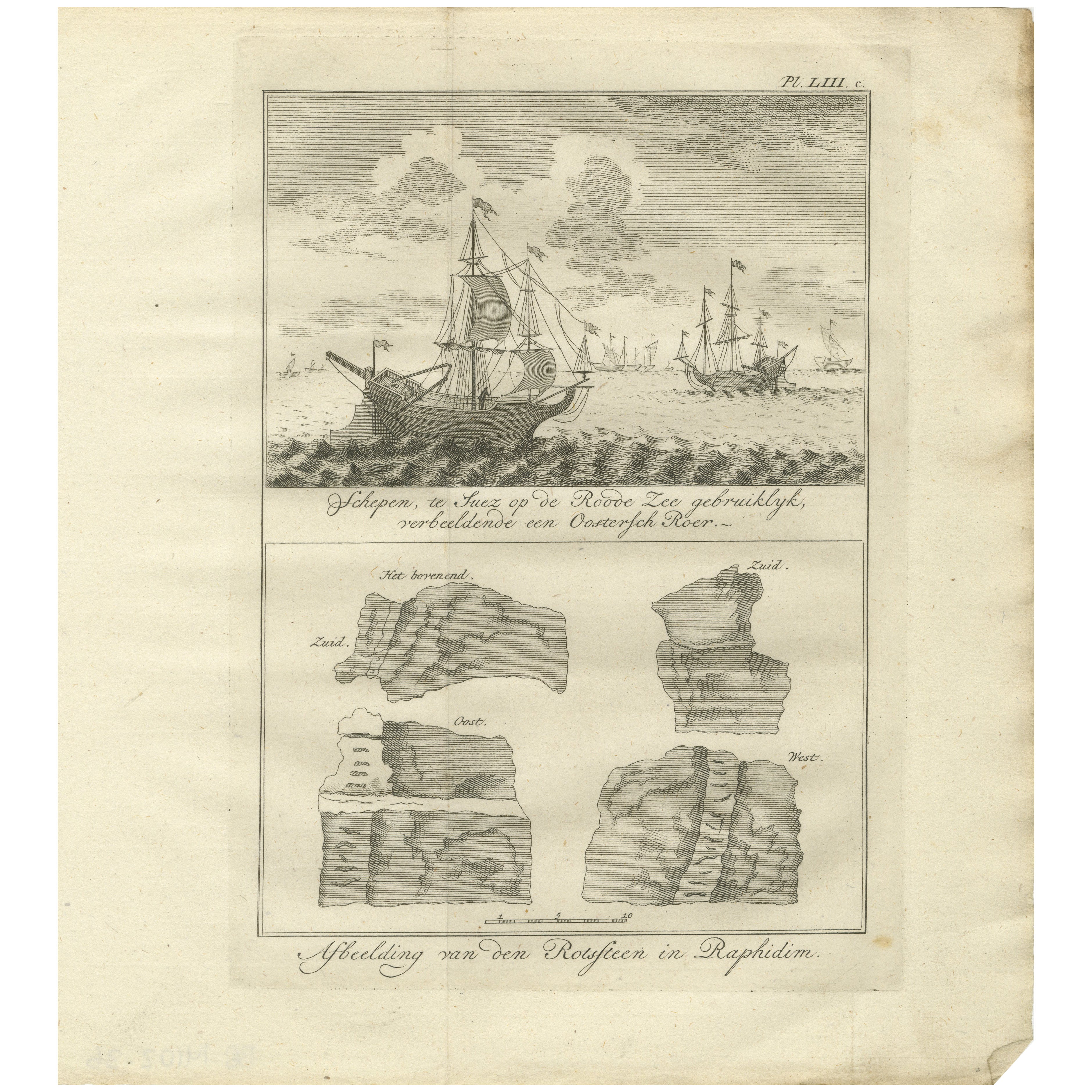 Barcos en el Mar Rojo y la Roca de Refidim - Grabado bíblico holandés c.1776 en venta