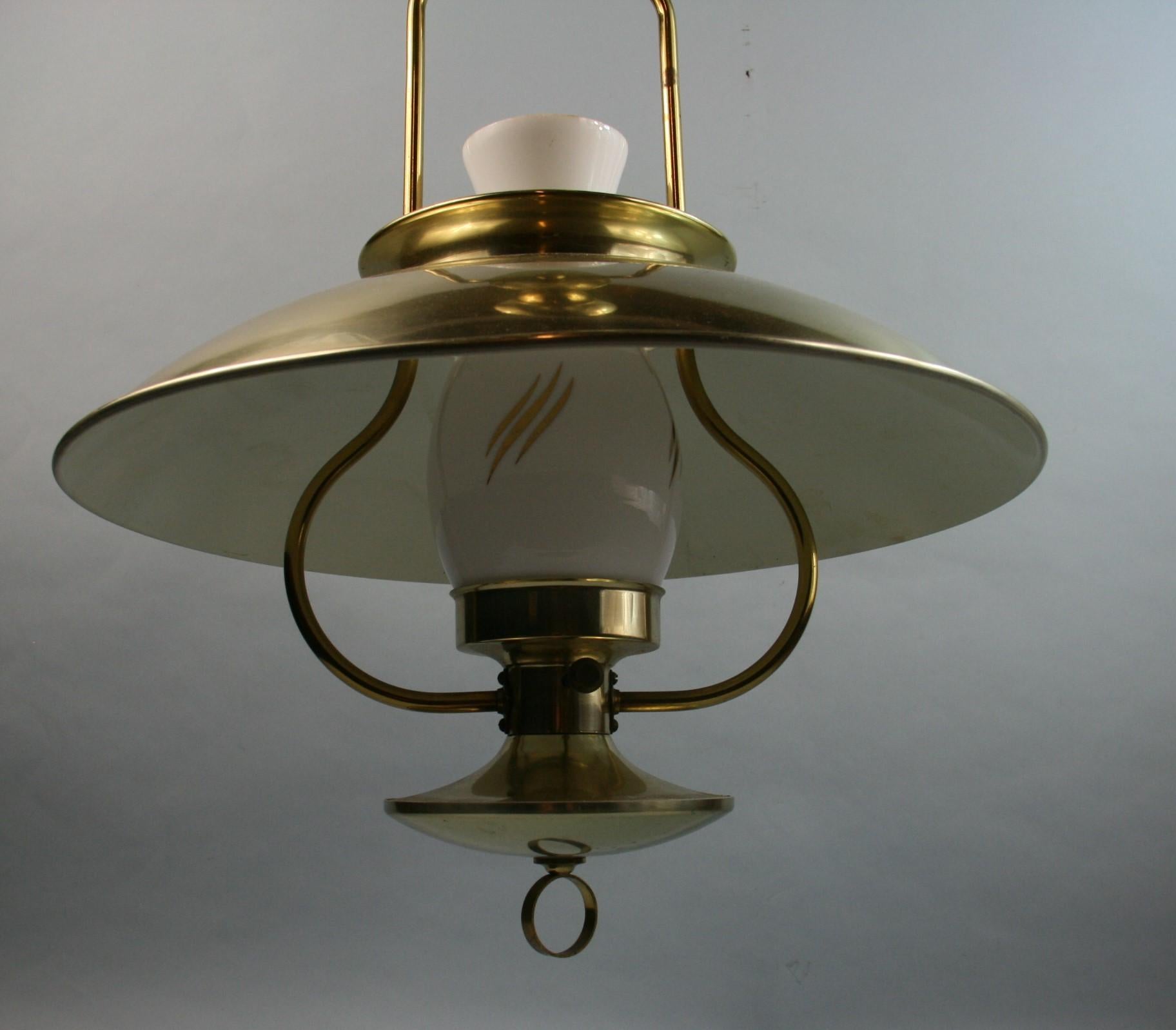 Brass Ships Pull Down Pendant with White Hurricane Glass 1950 For Sale
