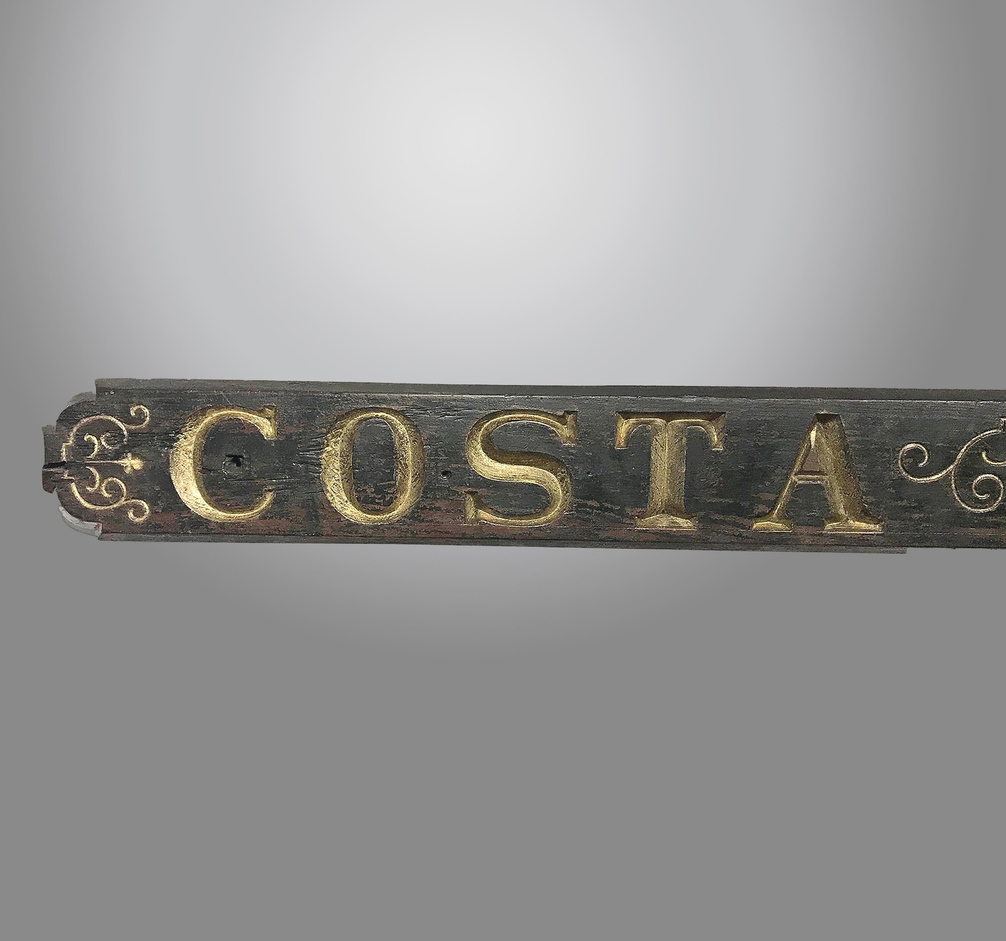 Ship's Quarterboard from the 'S.S. COSTA Rica'. Made from a tropical hardwood, painted black and gilded letters and Victorian flourishes.

The SS COSTA Rica (1865-1875) operated for Cornelius Vanderbilt from 1864-1865 on the New York to Aspinwall