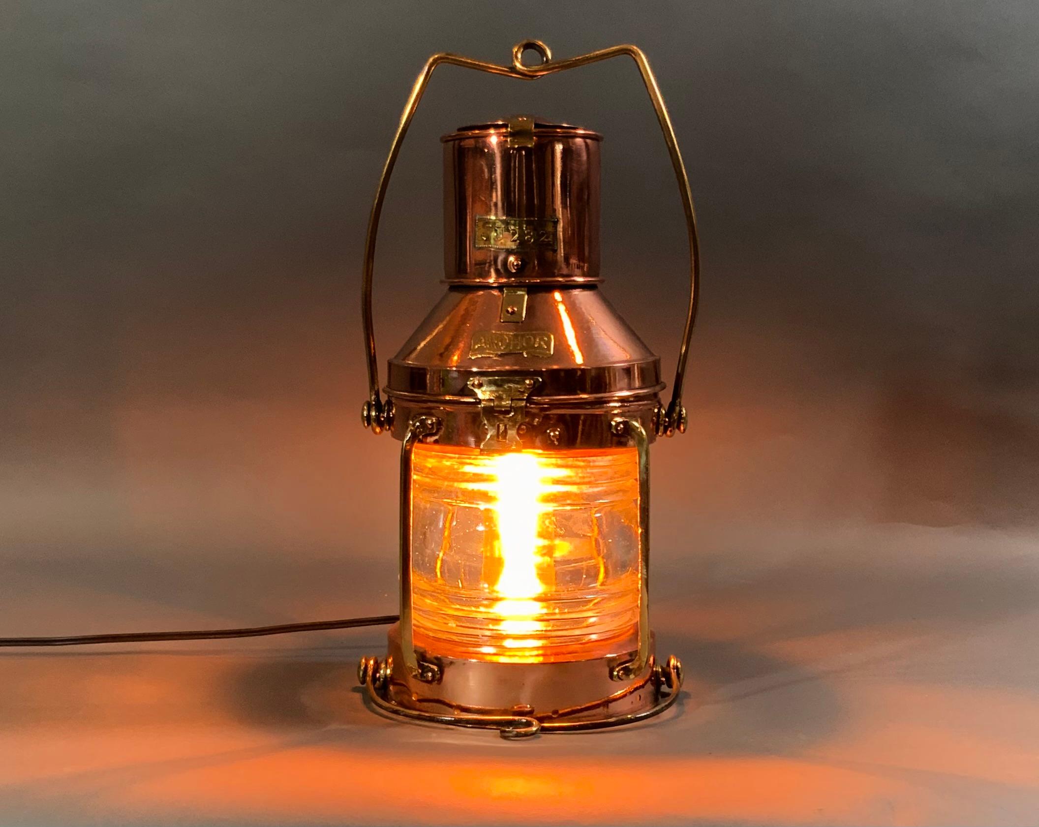 Polished Ships Solid Copper Anchor Lantern, Circa 1920 For Sale