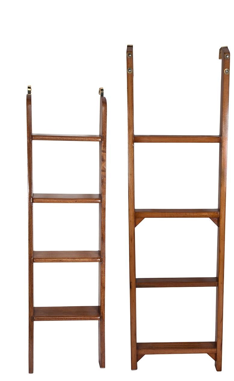 Ship's teak wood bunk ladders, used as blanket or towel racks Three teak wood bunk ladders in various sizes with chrome hangers from a decommissioned ship. These are great to use for draping throw blankets or towels. The sizes range as