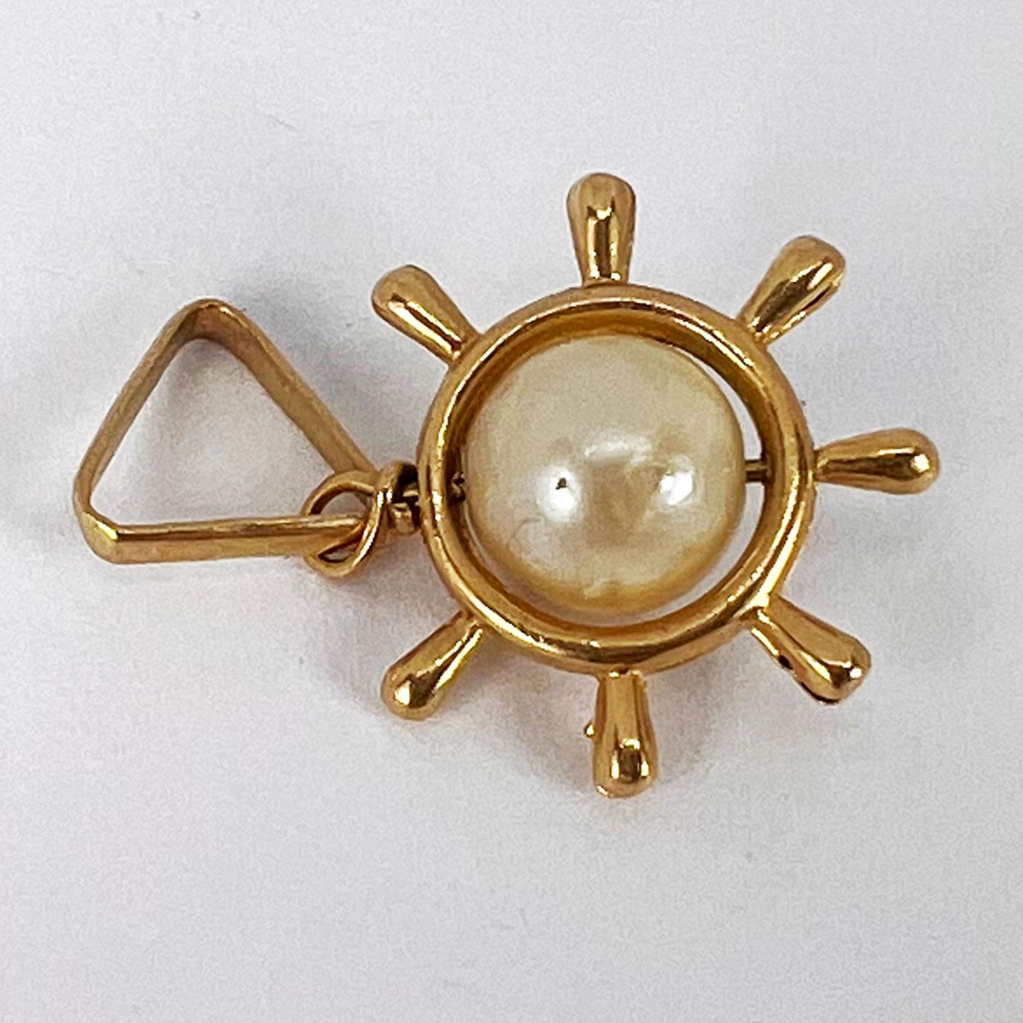 Ships Wheel 18K Yellow Gold Pearl Charm Pendant For Sale 3