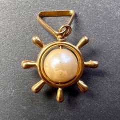 Ships Wheel 18K Yellow Gold Pearl Charm Pendant