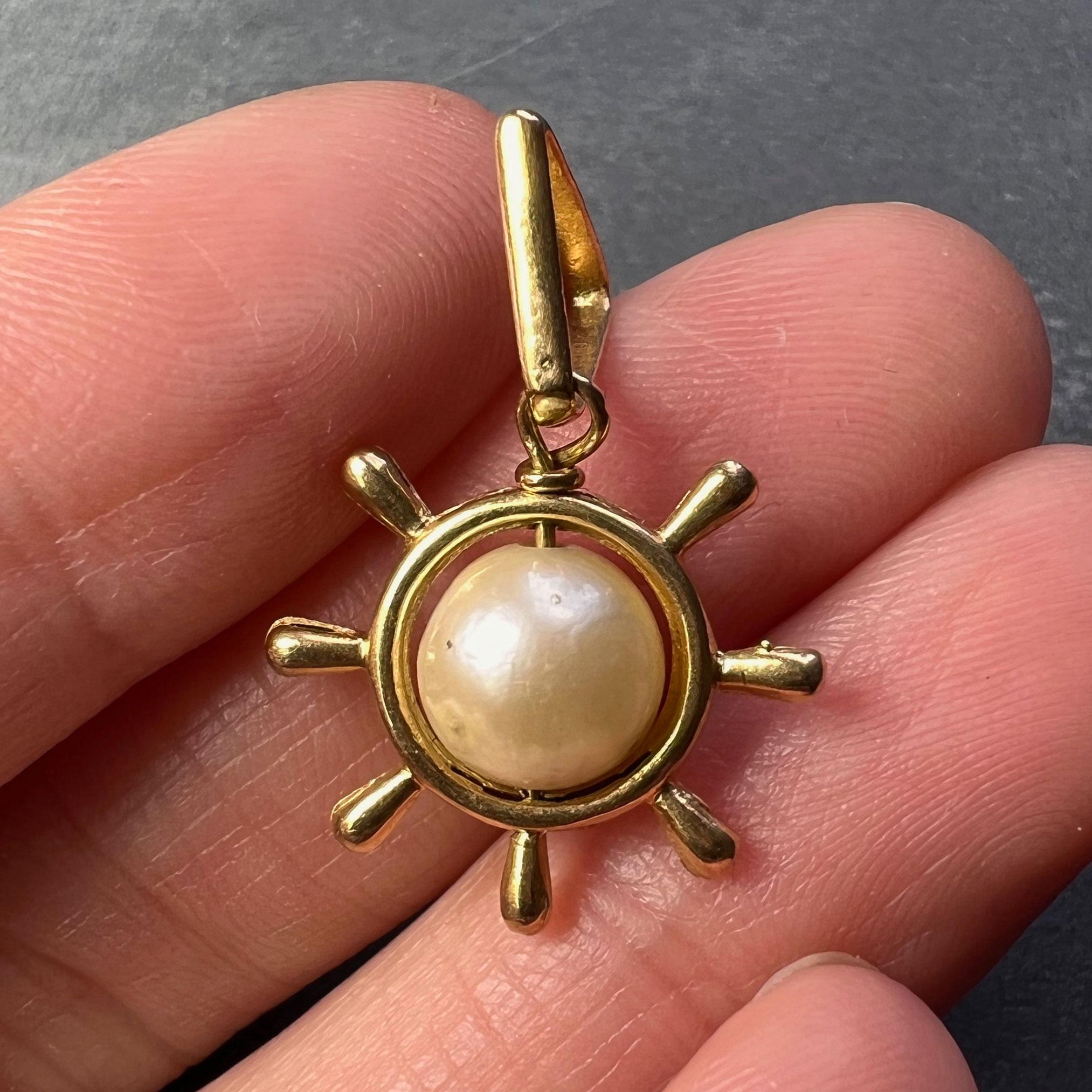 Uncut Ships Wheel 18K Yellow Gold Pearl Charm Pendant For Sale