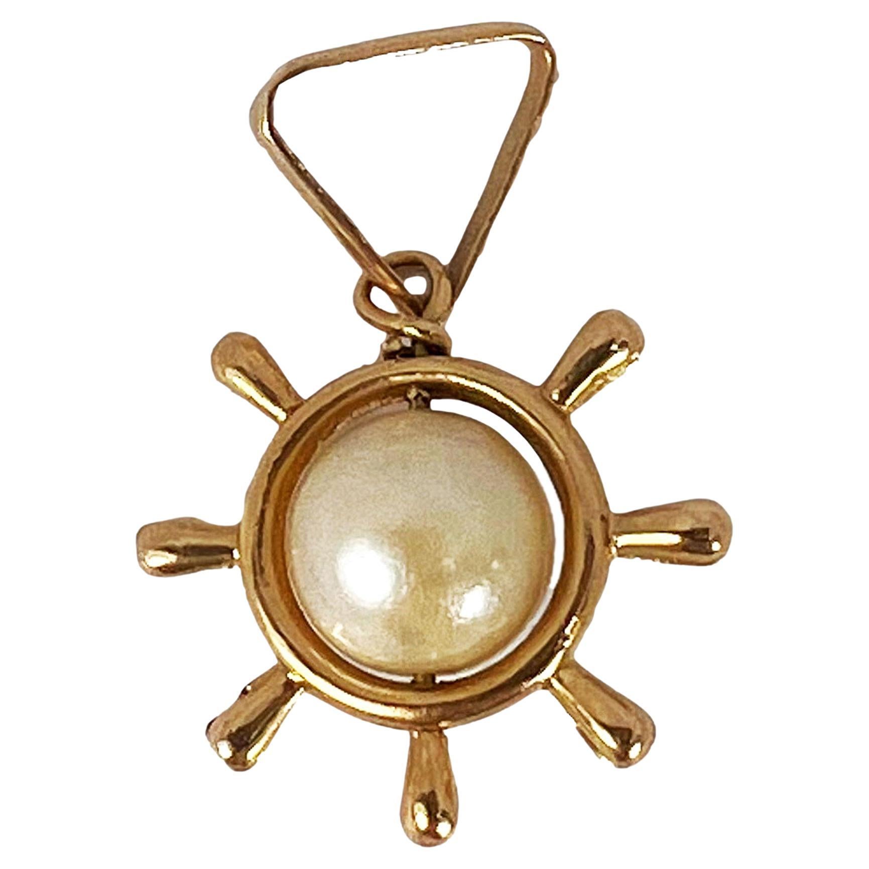 Ships Wheel 18K Yellow Gold Pearl Charm Pendant For Sale