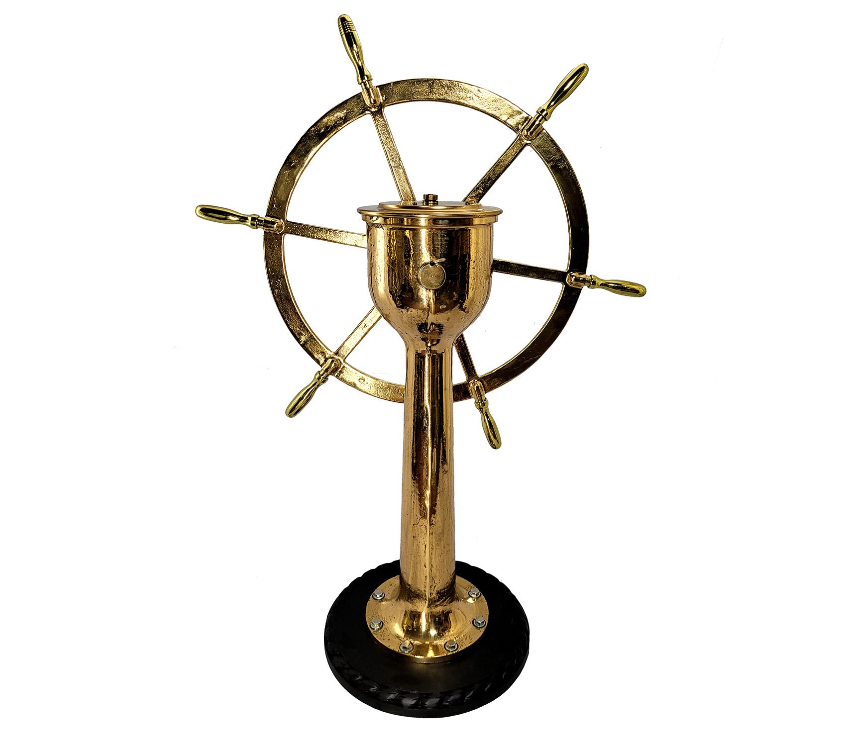 Polished Ships Wheel on Pedestal by American Engineering Company For Sale