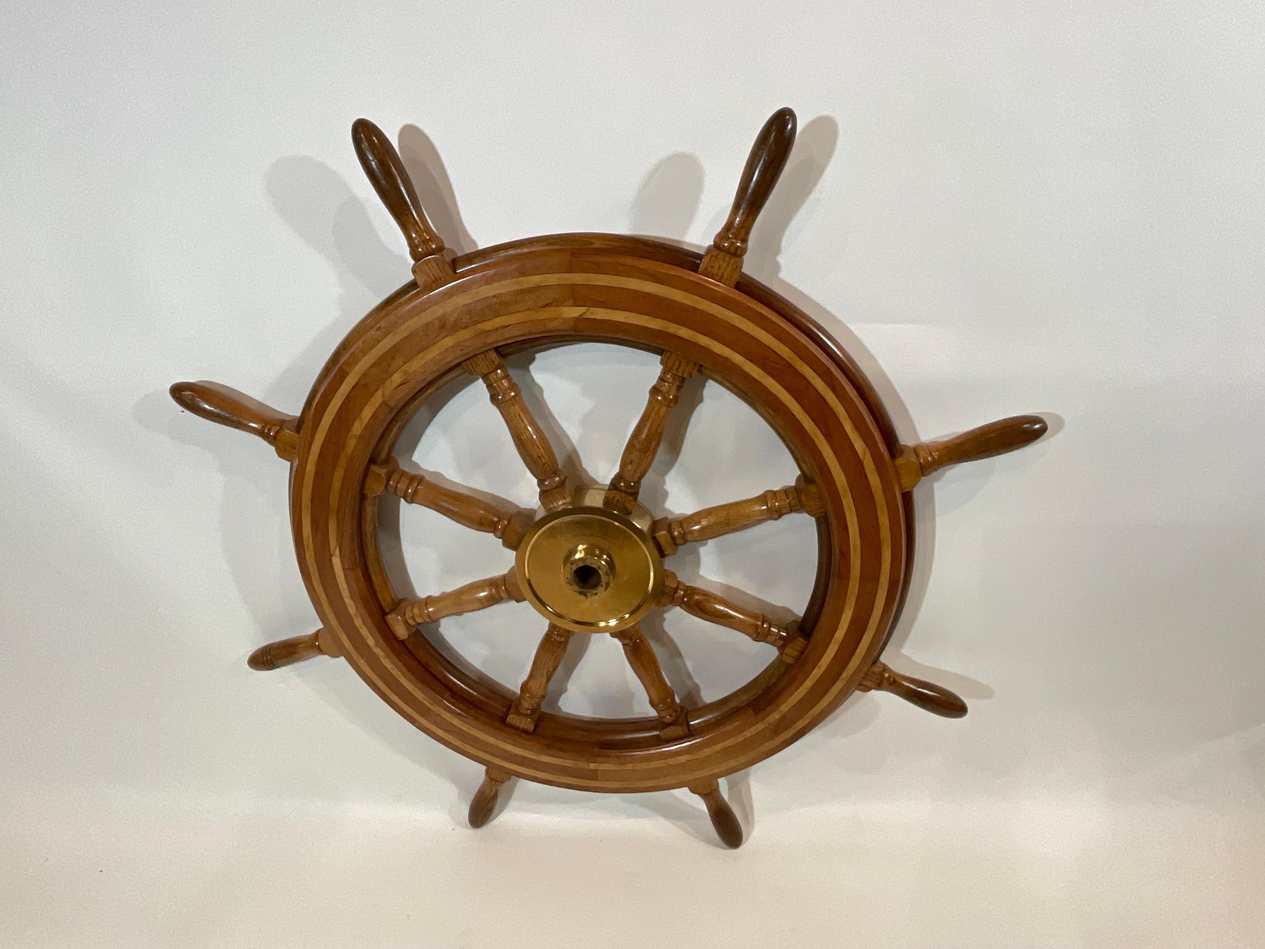 Ships Wheel with Brass Hub and Inlay In Good Condition For Sale In Norwell, MA
