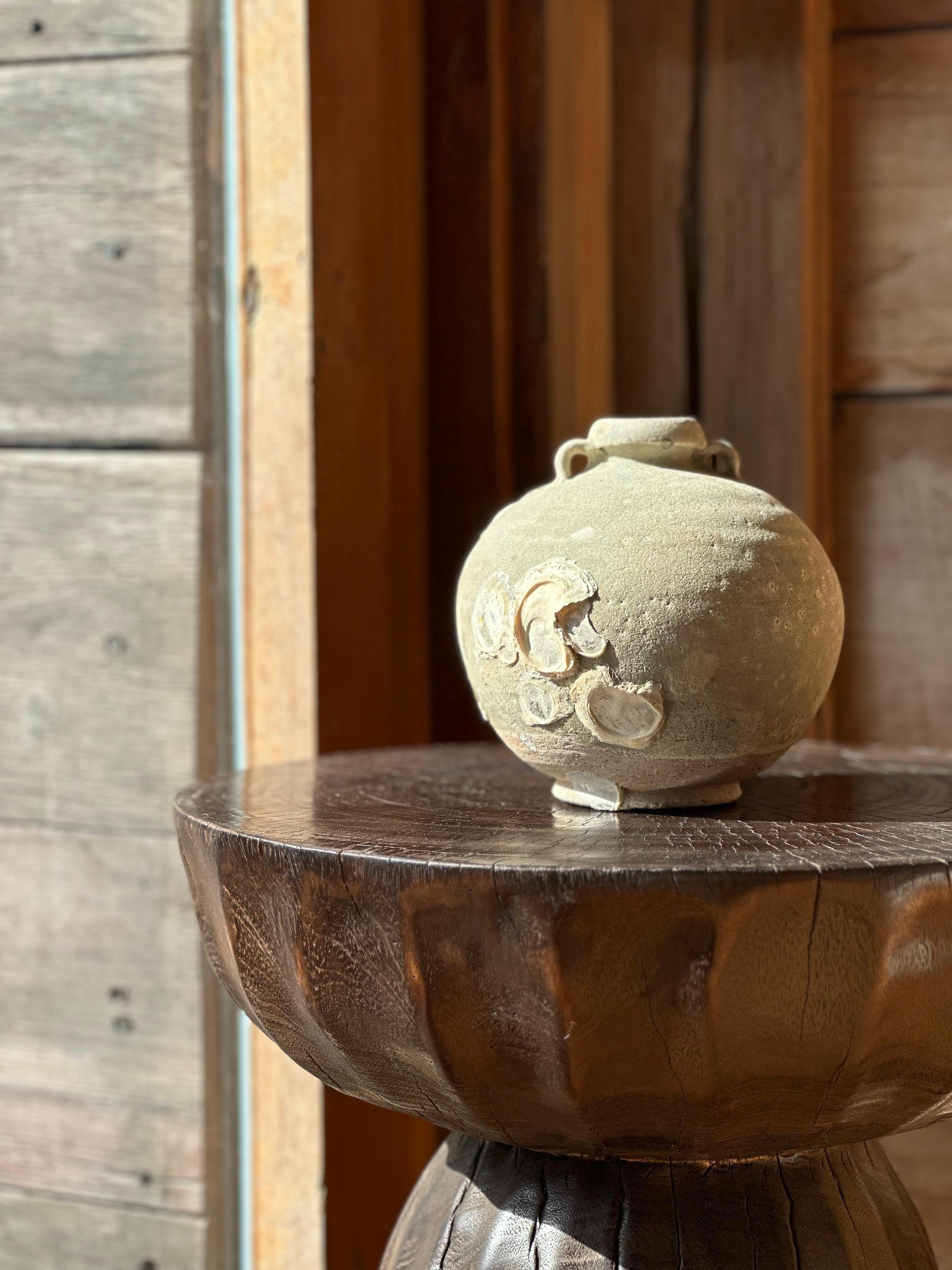 Magnifique exemple de jarre en céramique Sawankhalok du XVIIe siècle provenant du royaume de Sukhothai, en Thaïlande. Elle présente une teinte turquoise merveilleusement subtile ainsi qu'une excroissance marine naturelle qui s'est formée sur son