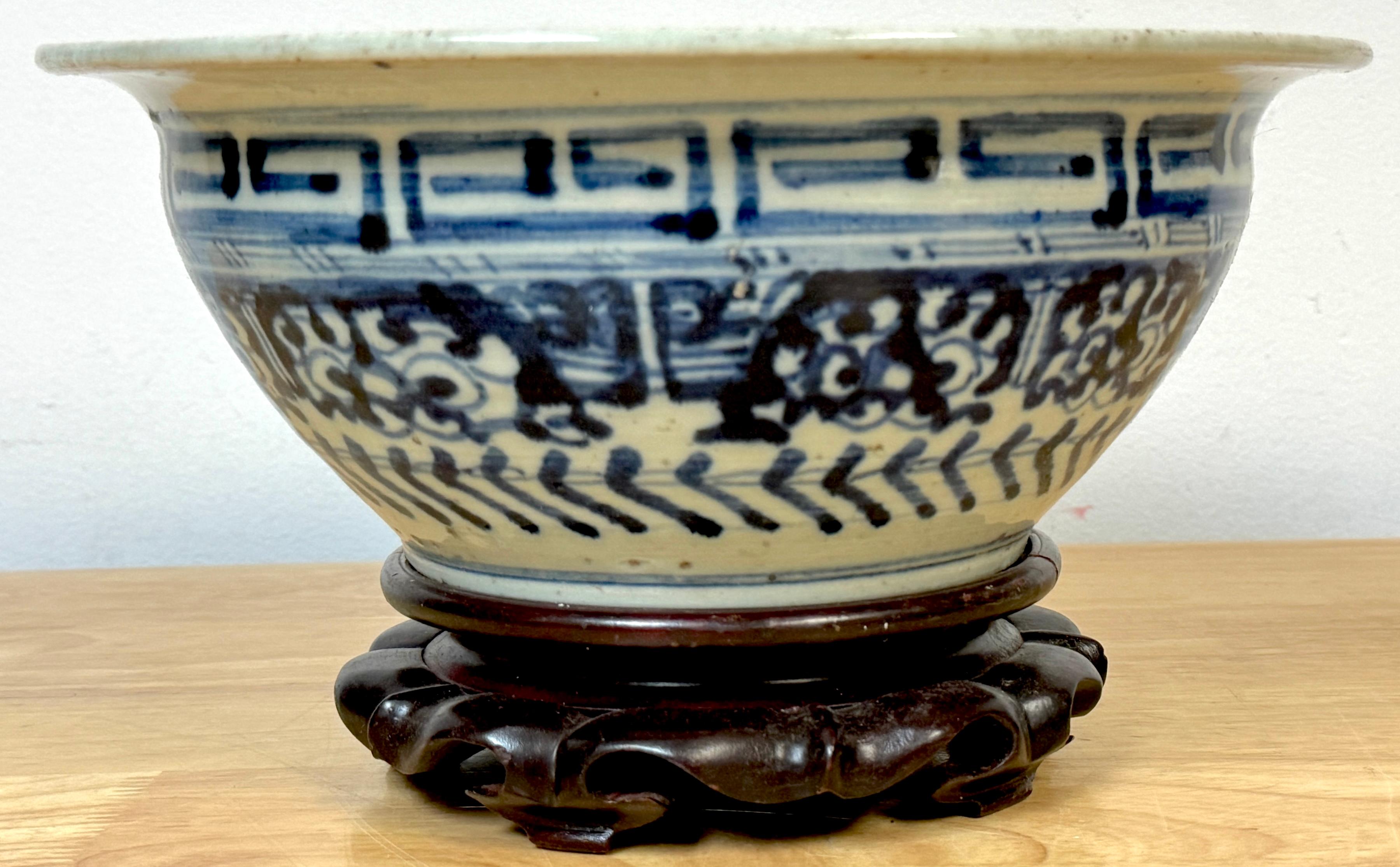 Chinese Shipwreck Qing Dynasty, Geometric Pattern Blue & White Bowl & Later Wood Stand For Sale