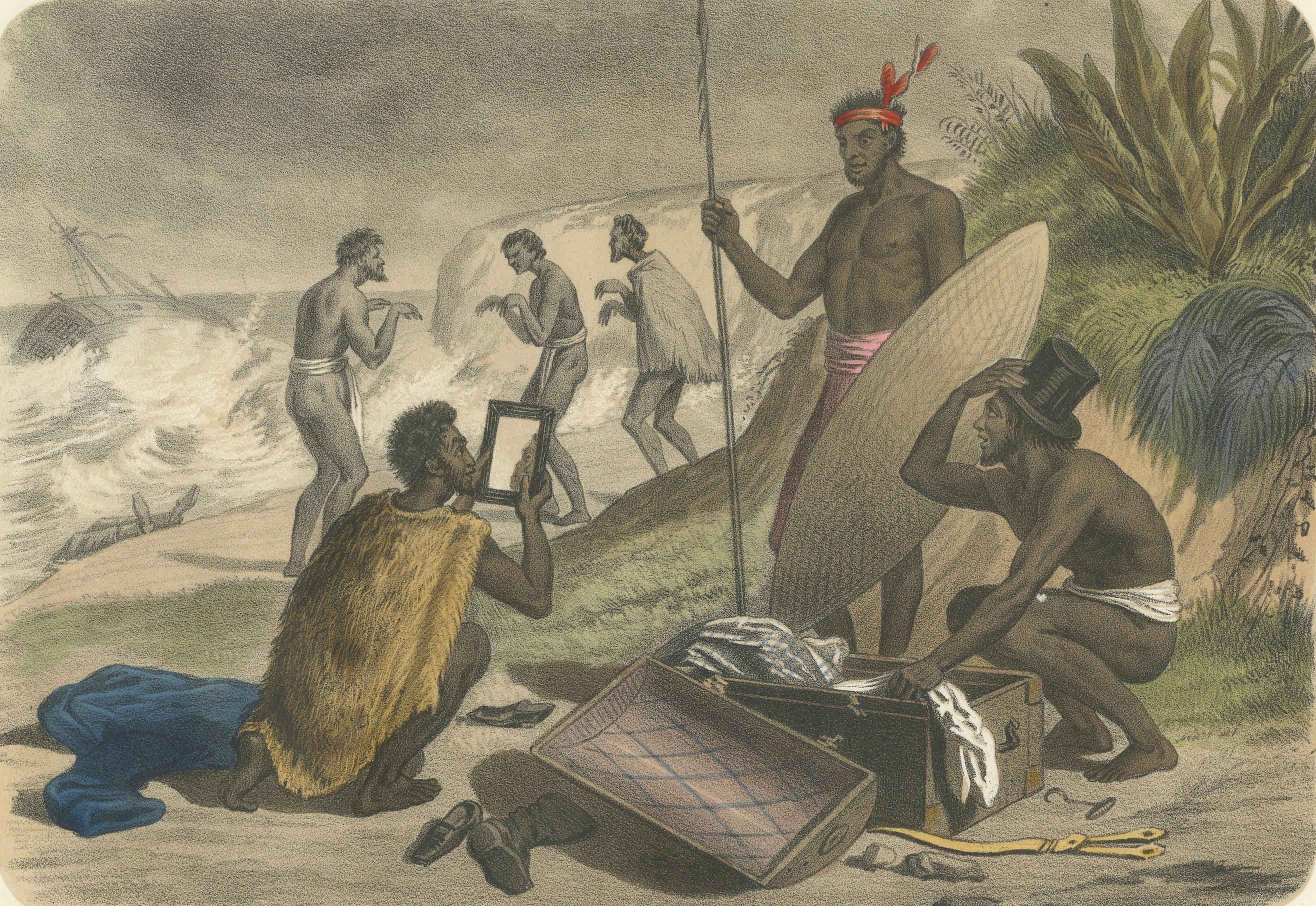 Shipwreck Scene in Melanesia – Islanders Salvaging Wreckage, c.1845