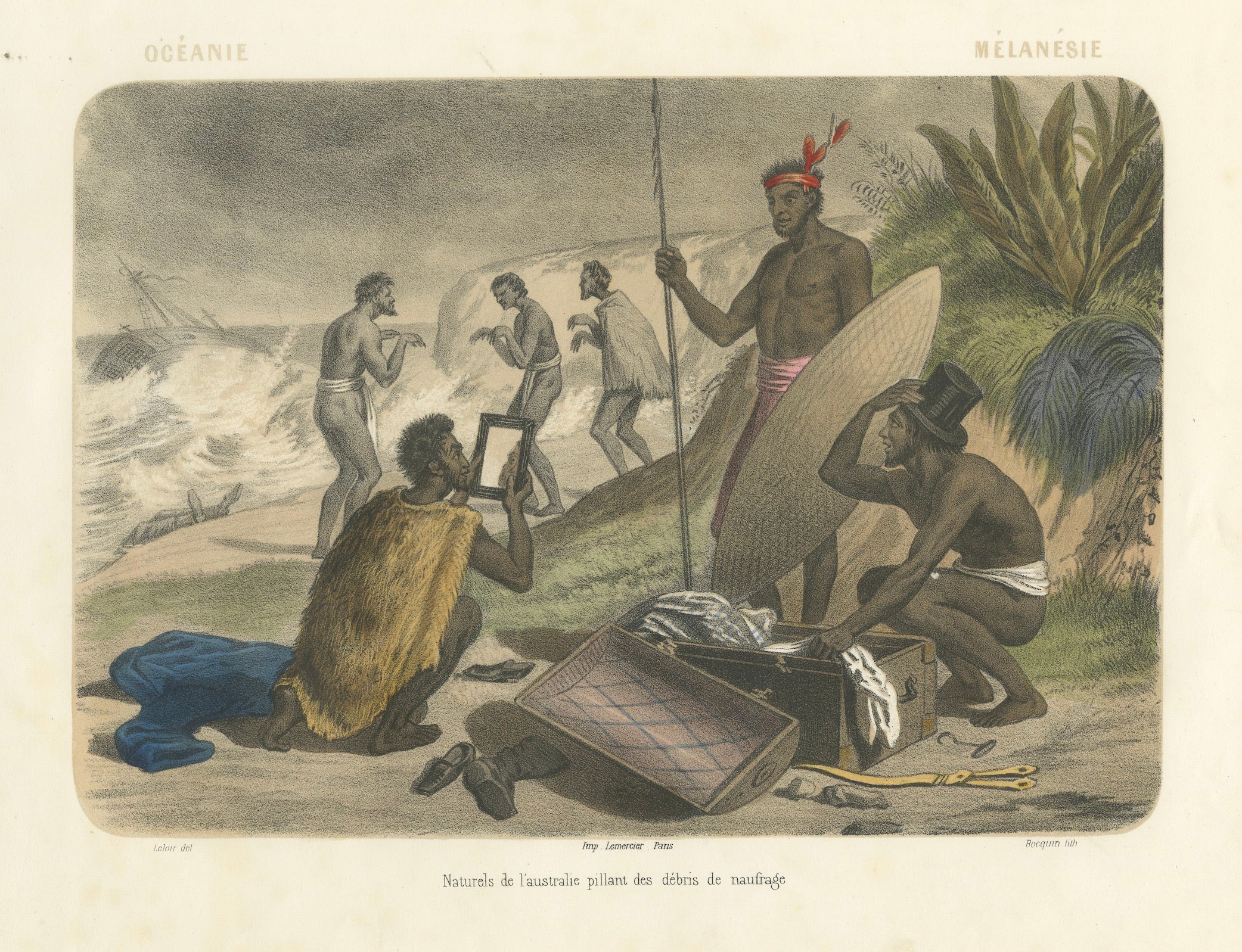 Shipwreck Scene in Melanesia – Islanders Salvaging Wreckage, c.1845 For Sale
