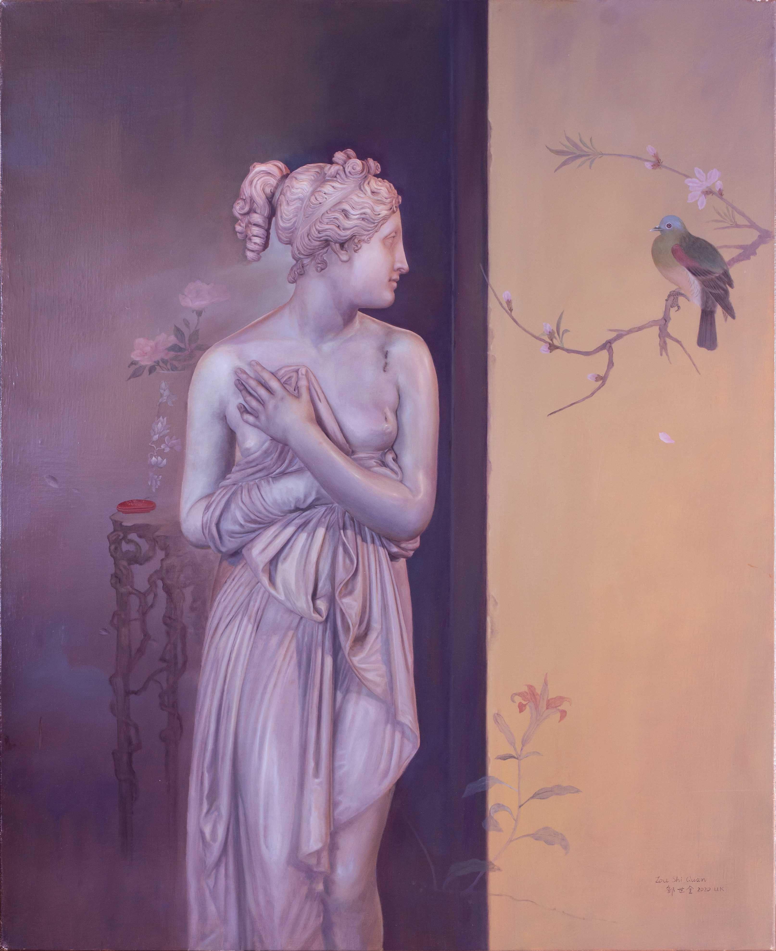 Shiquan Zou Figurative Painting - Chinese, 21st Century oil painting, study of marble statue and birds, in golds