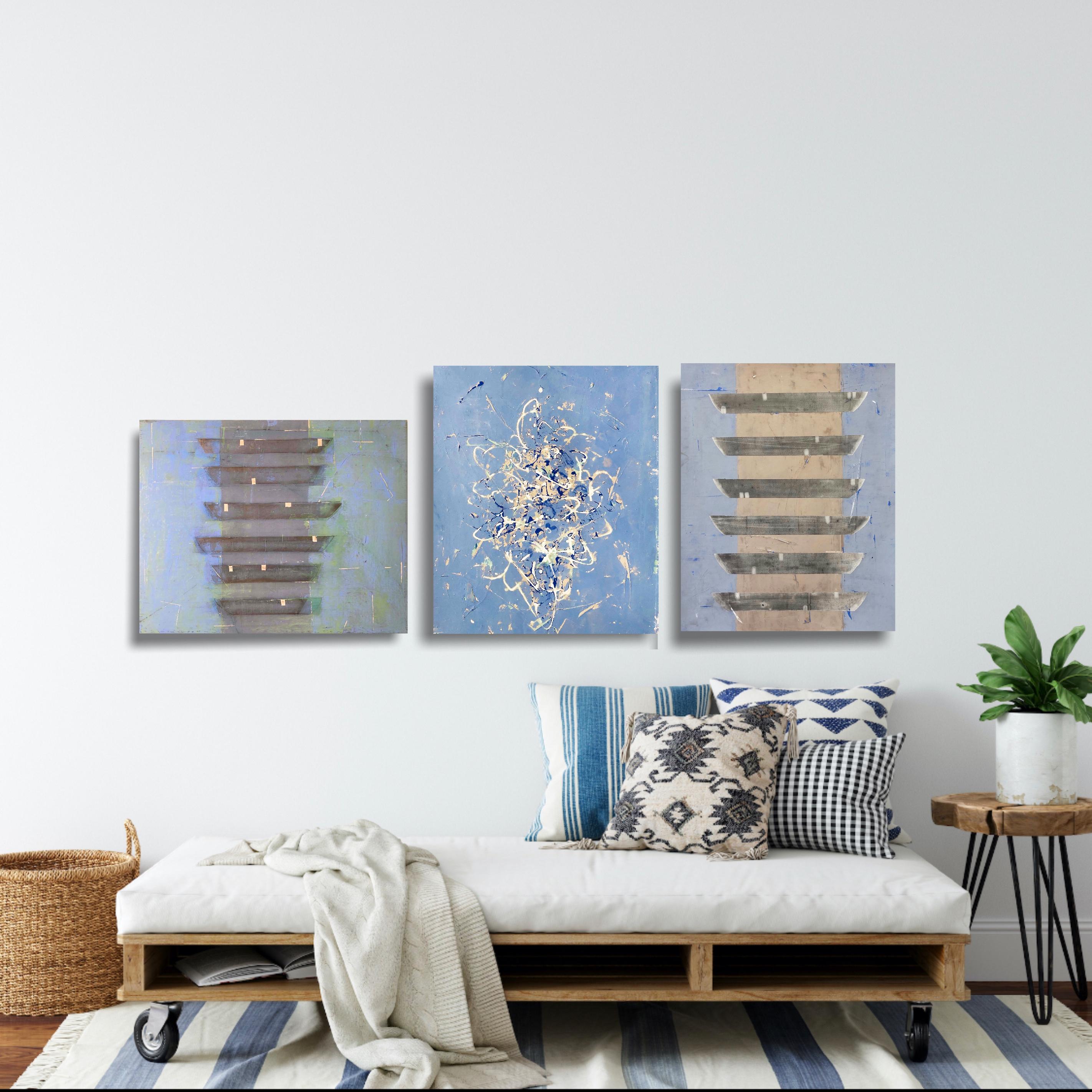 The soft blue and white gestural abstract painting is one of the looser and more organic compositions by the artist Shira Toren. This painting is inspired by vintage pottery originated in Delft, The Netherlands. It is constructed with many
