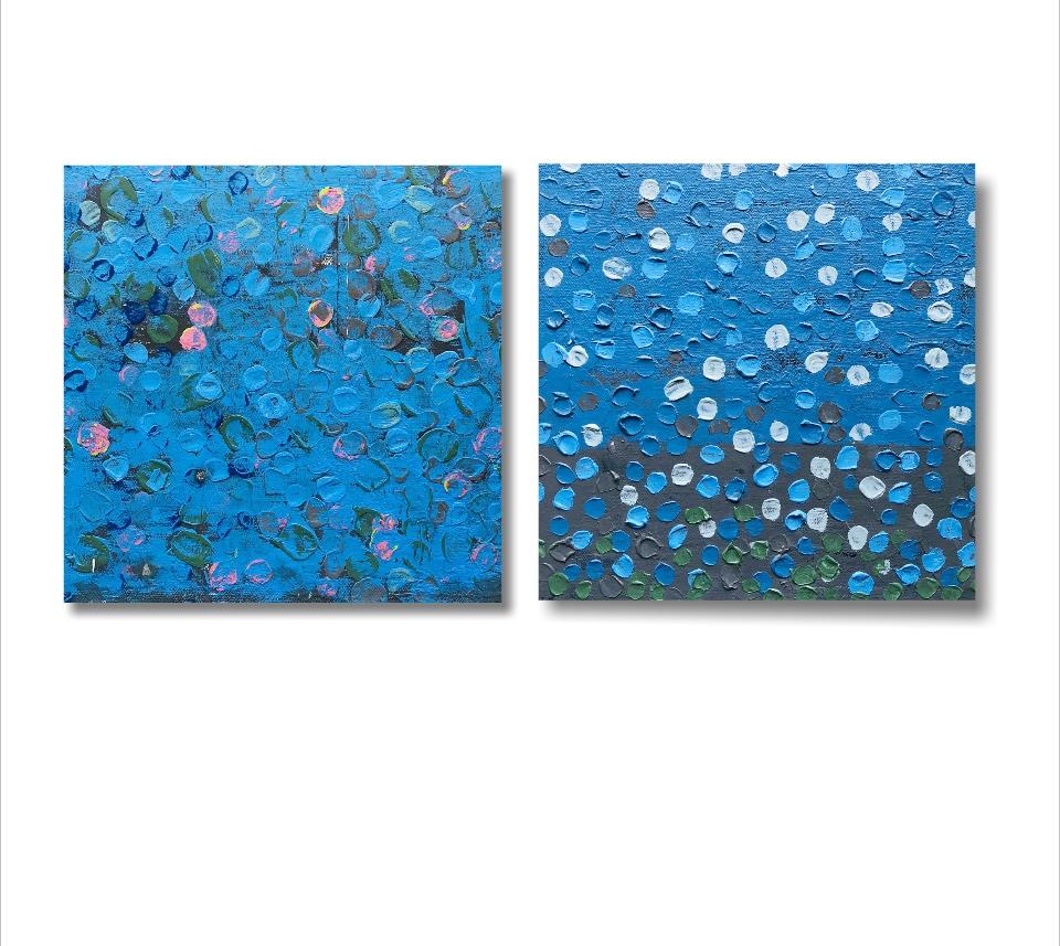 Blue Venetian plaster painting with dots by Shira Torenn - Sea Glass 1