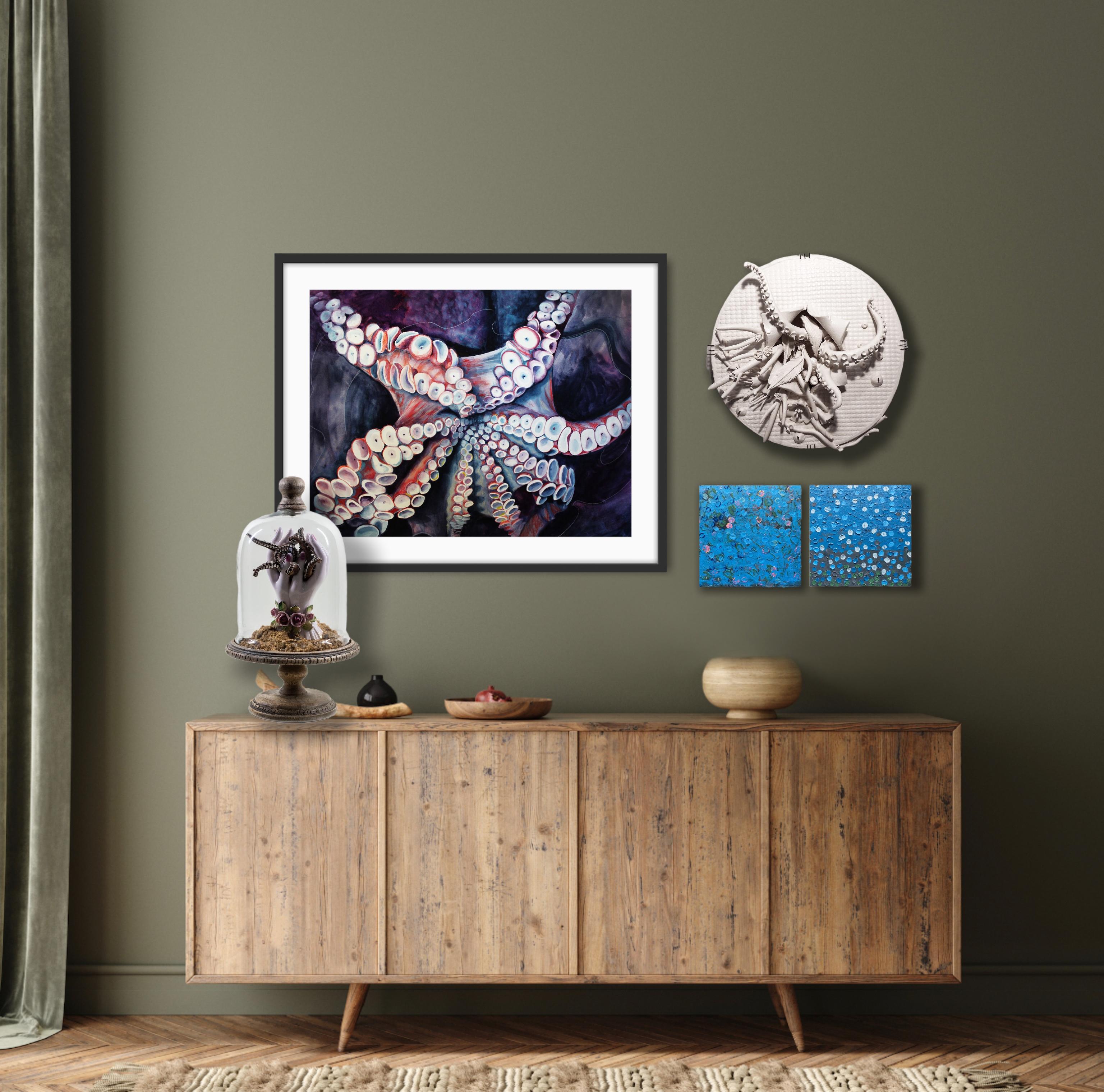 Blue Venetian plaster painting with dots by Shira Torenn - Sea Glass 2