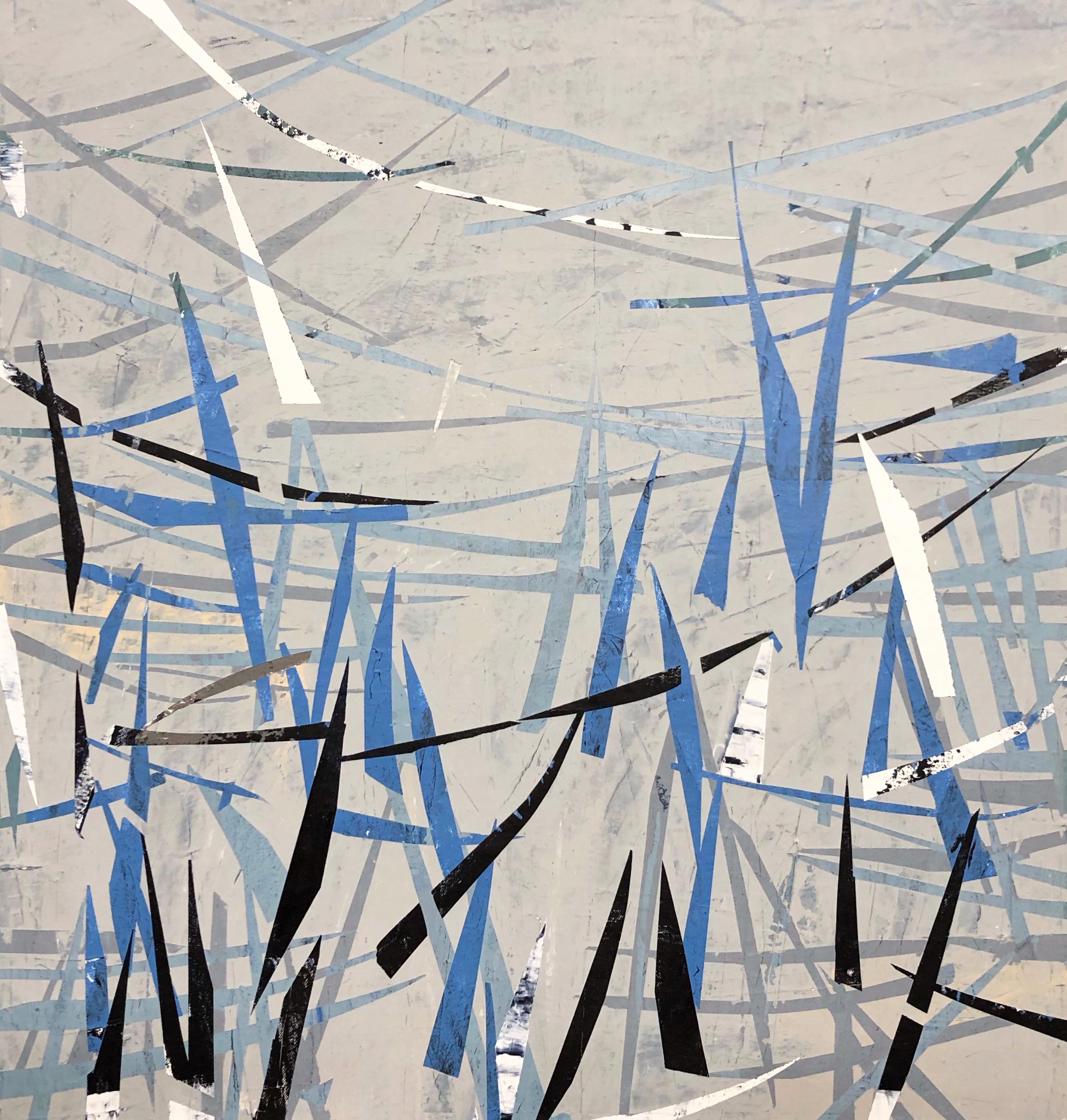 Shira Toren Landscape Painting - Calm After the Storm, neutral toned abstraction with blue gestural marks
