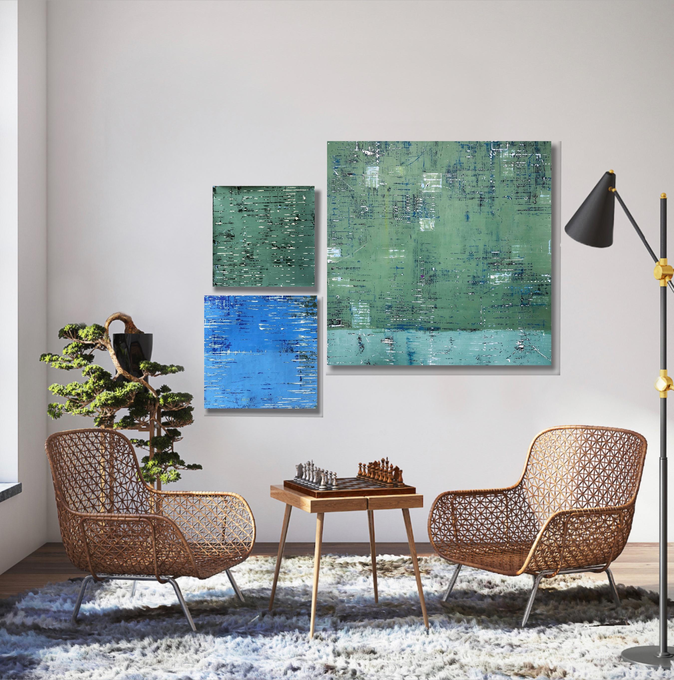 Clean and modern in it’s design and imagery, yet rich and luscious in the surfaces and texture, there is much more to meet the eye with these contemporary minimalist paintings made from venetian plaster and pigment. This painting in vibrant blue hue