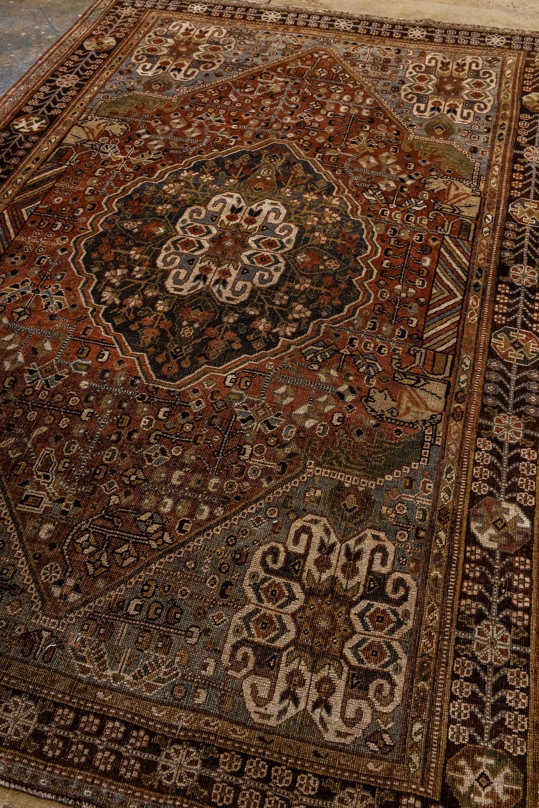 Persian Shiraz Rug with Boteh Medallions, and Red and Blue Coloring For Sale