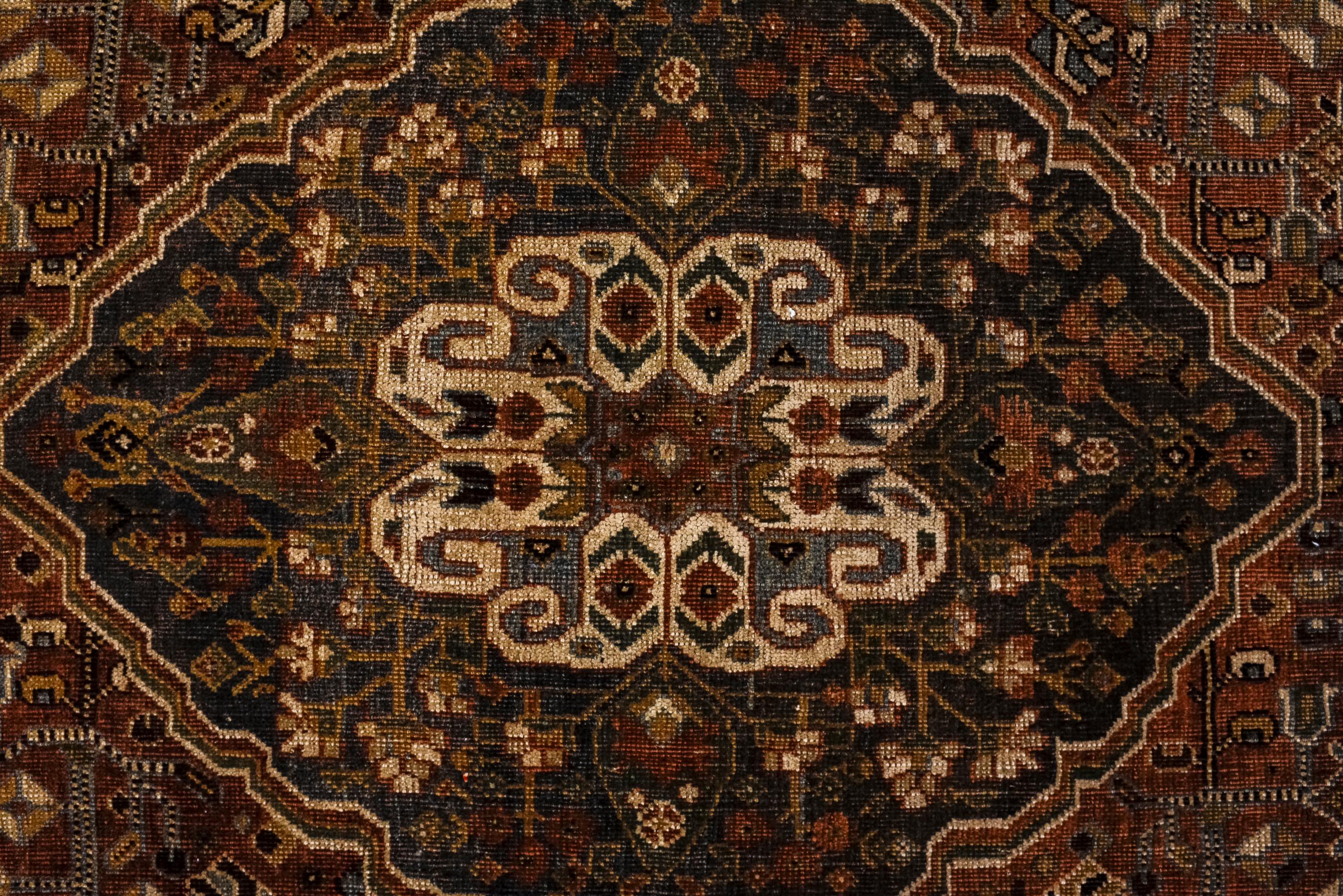 Hand-Knotted Shiraz Rug with Boteh Medallions, and Red and Blue Coloring For Sale