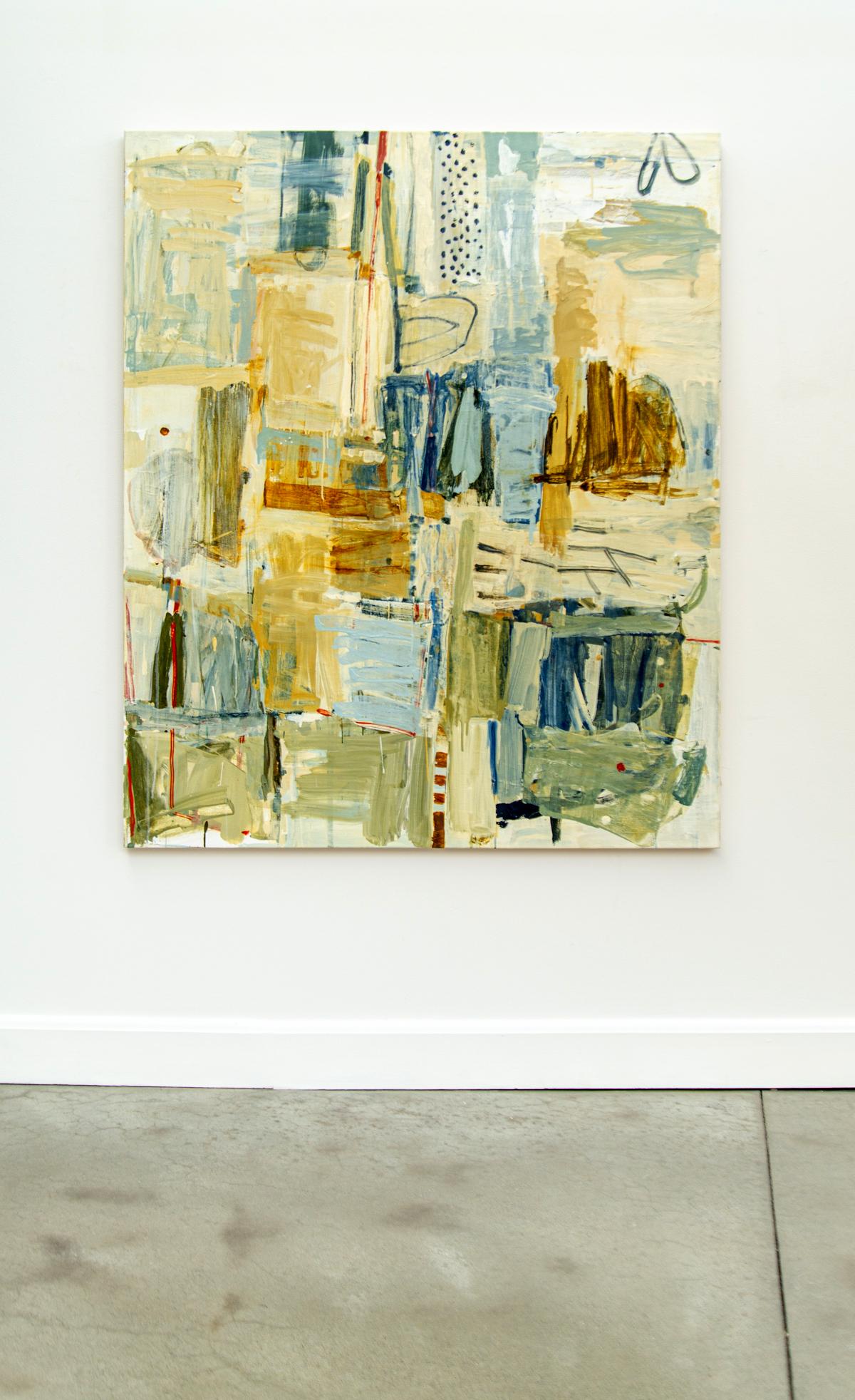 Maqam/Place #4 - Blau, Weiß, Braun, Collage, Abstrakt, Acryl auf Leinwand – Painting von Shireen Kamran