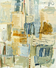 Maqam/Place #4 - blue, white, brown, collage, abstract, acrylic on canvas