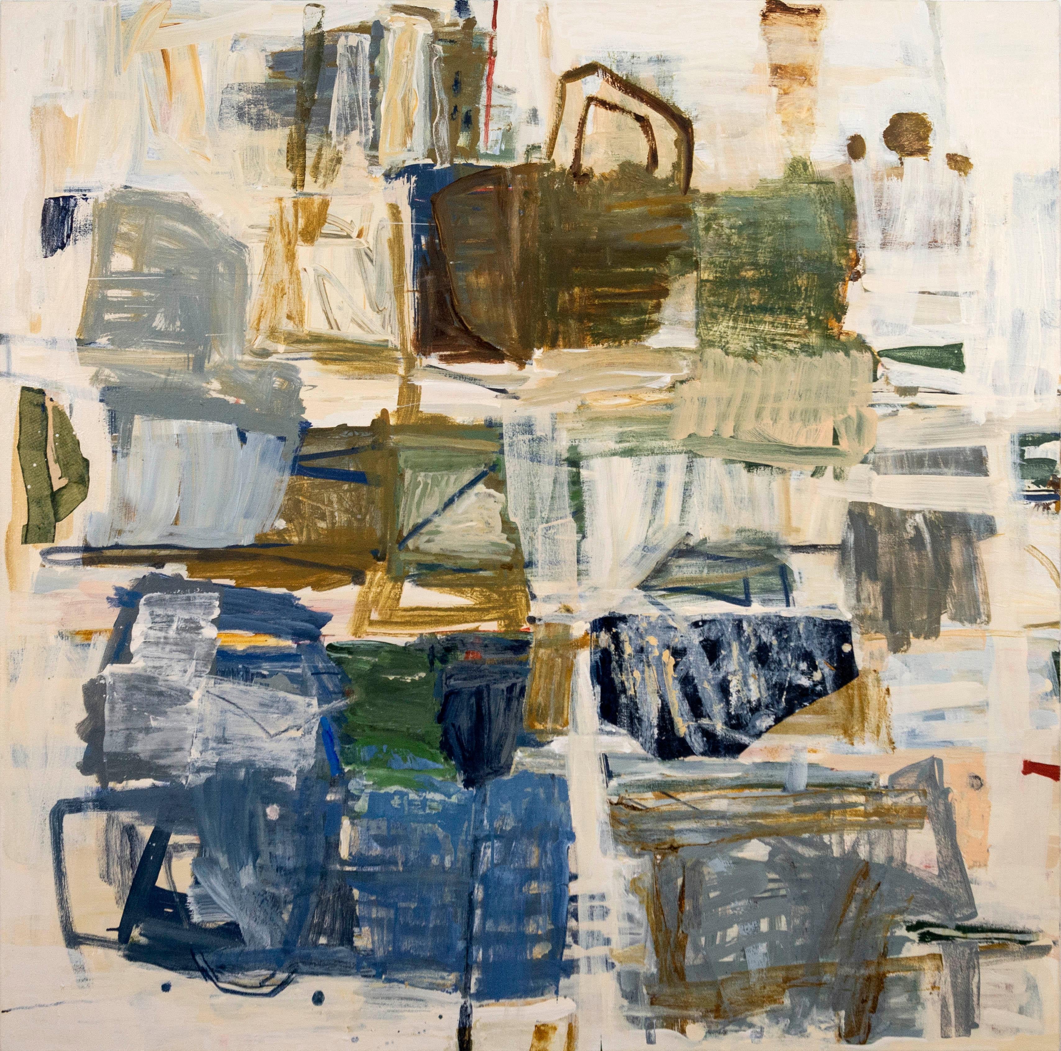 Wanderings/Suluk #59 - azul, blanco, marrón, collage, abstracto, acrílico sobre lienzo