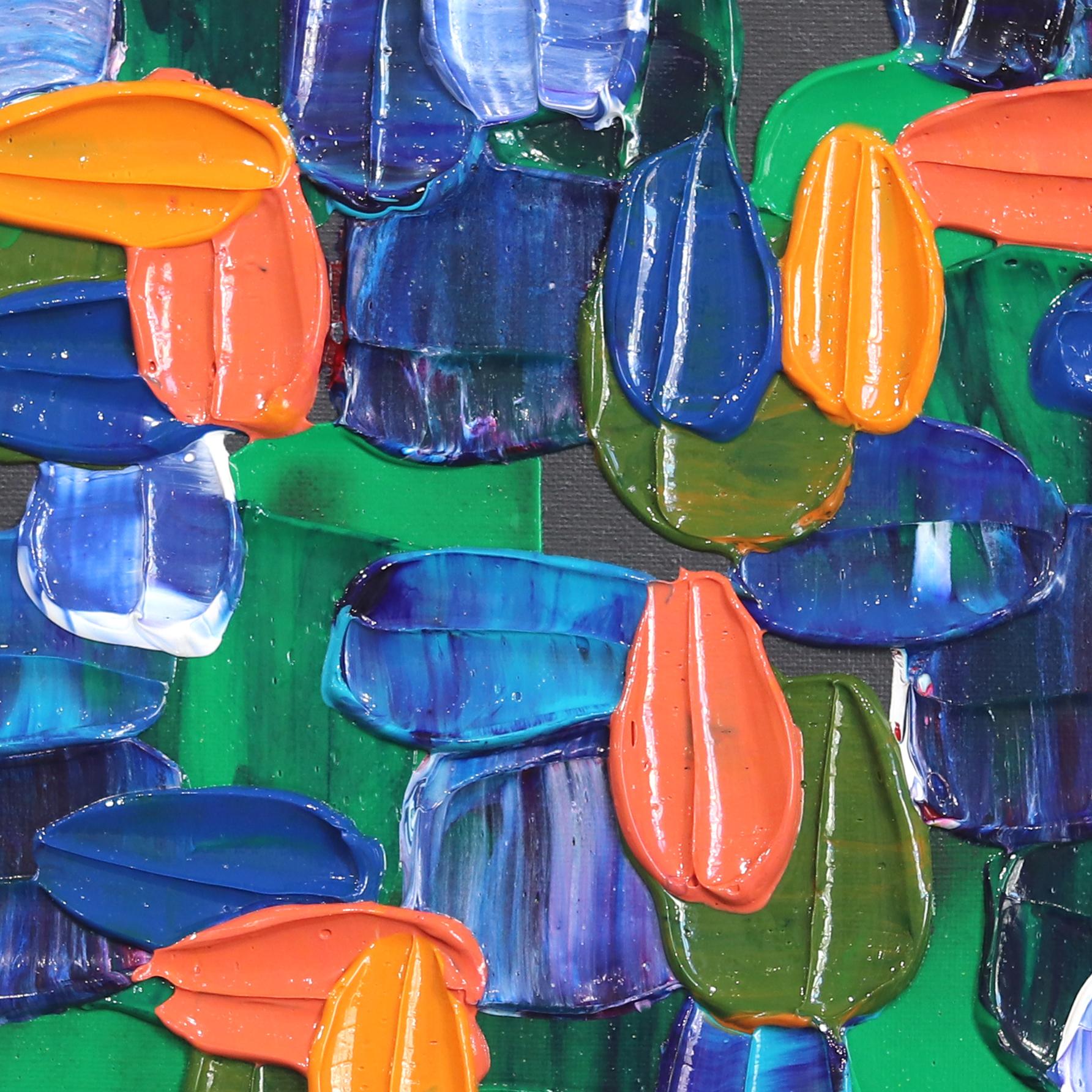 August Day - Impasto Thick Paint Colorful Abstract Painting with White Frame For Sale 7