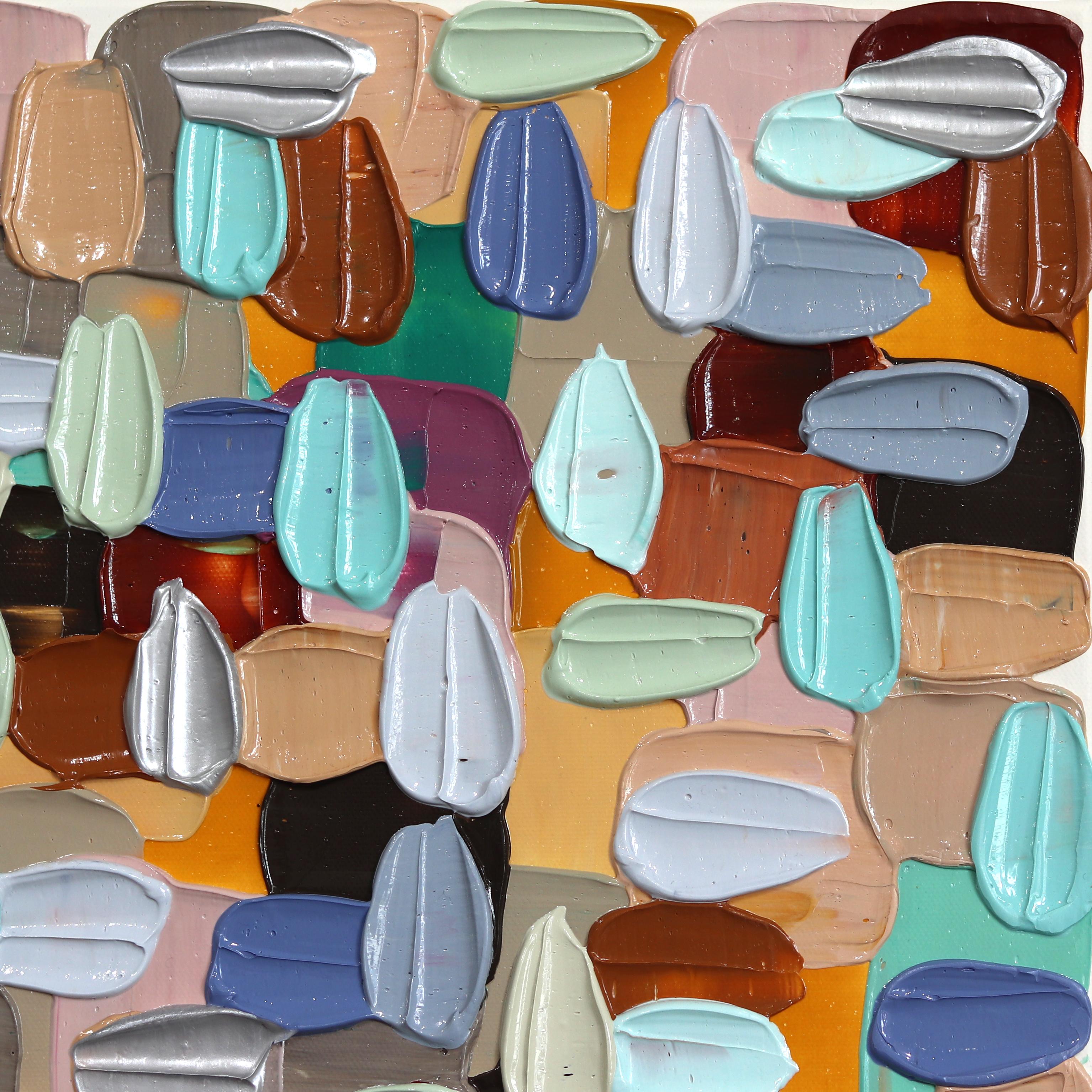 Beige und Blau - Impasto Dicke Farbe Erdtöne Abstraktes Gemälde in Beige und Blau (Grau), Abstract Painting, von Shiri Phillips