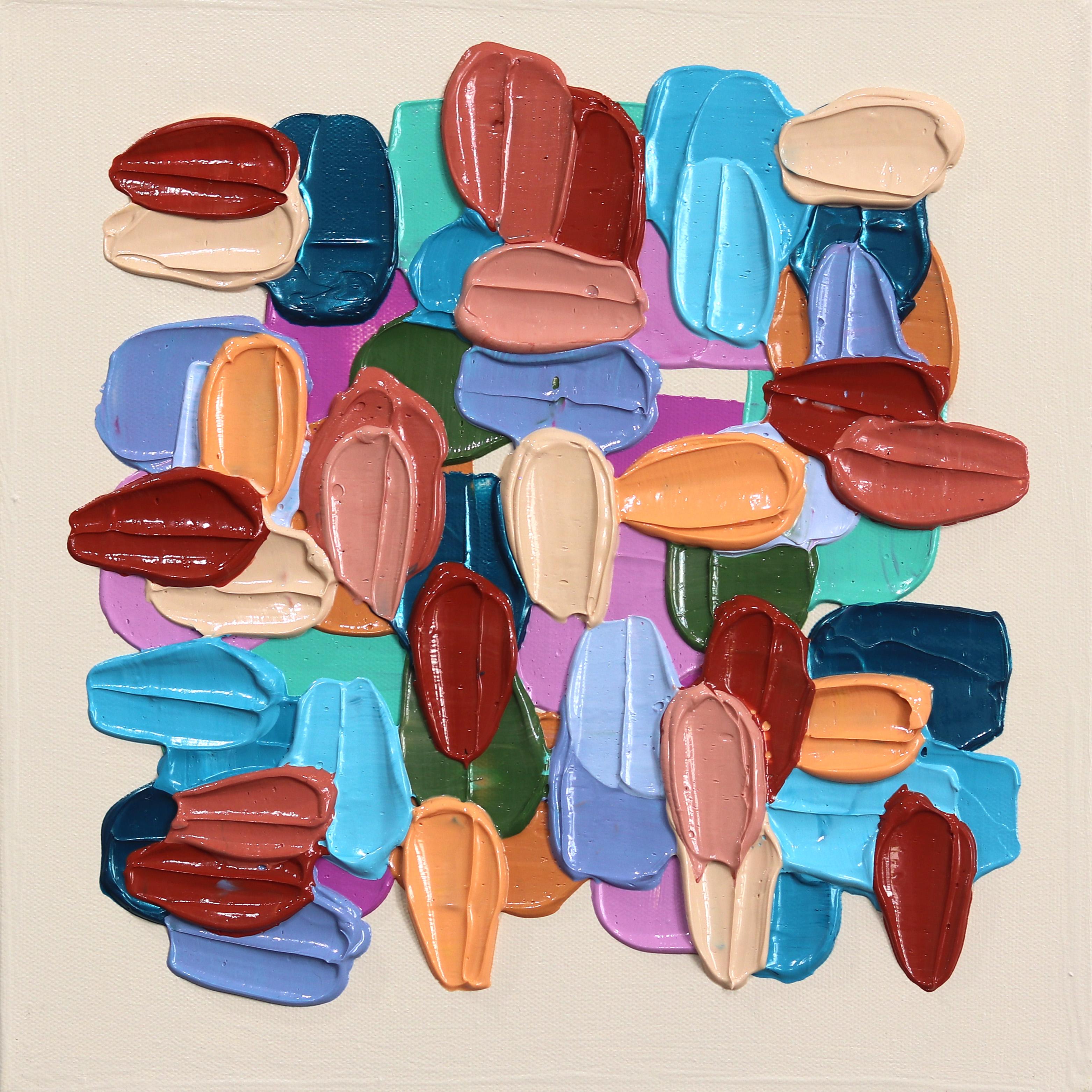 Abstract Painting di Shiri Phillips - Blu e terracotta - Impasto di vernice spessa Pittura astratta neutra sui toni della terra