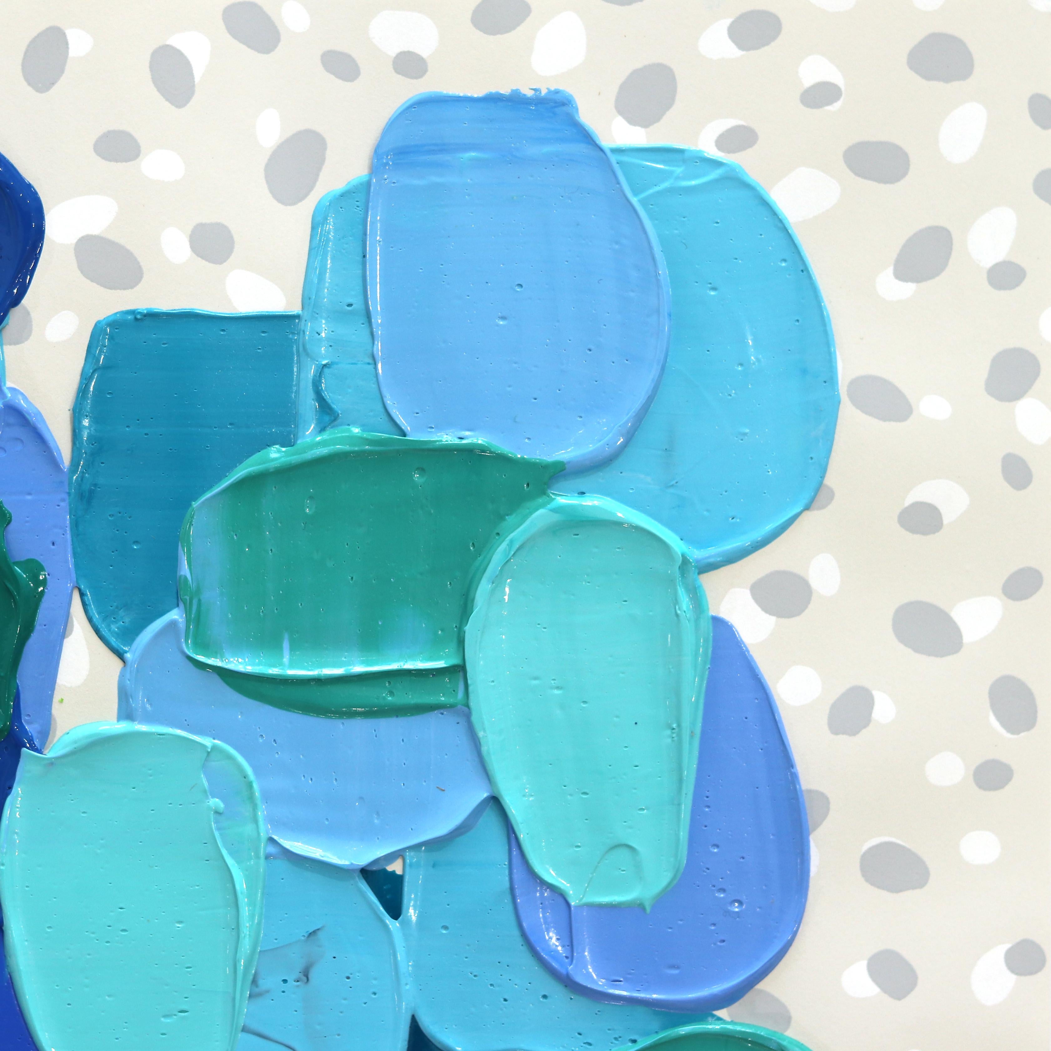 Bluey - Impasto, peinture épaisse abstraite sur papier bleu vert - Abstrait Painting par Shiri Phillips