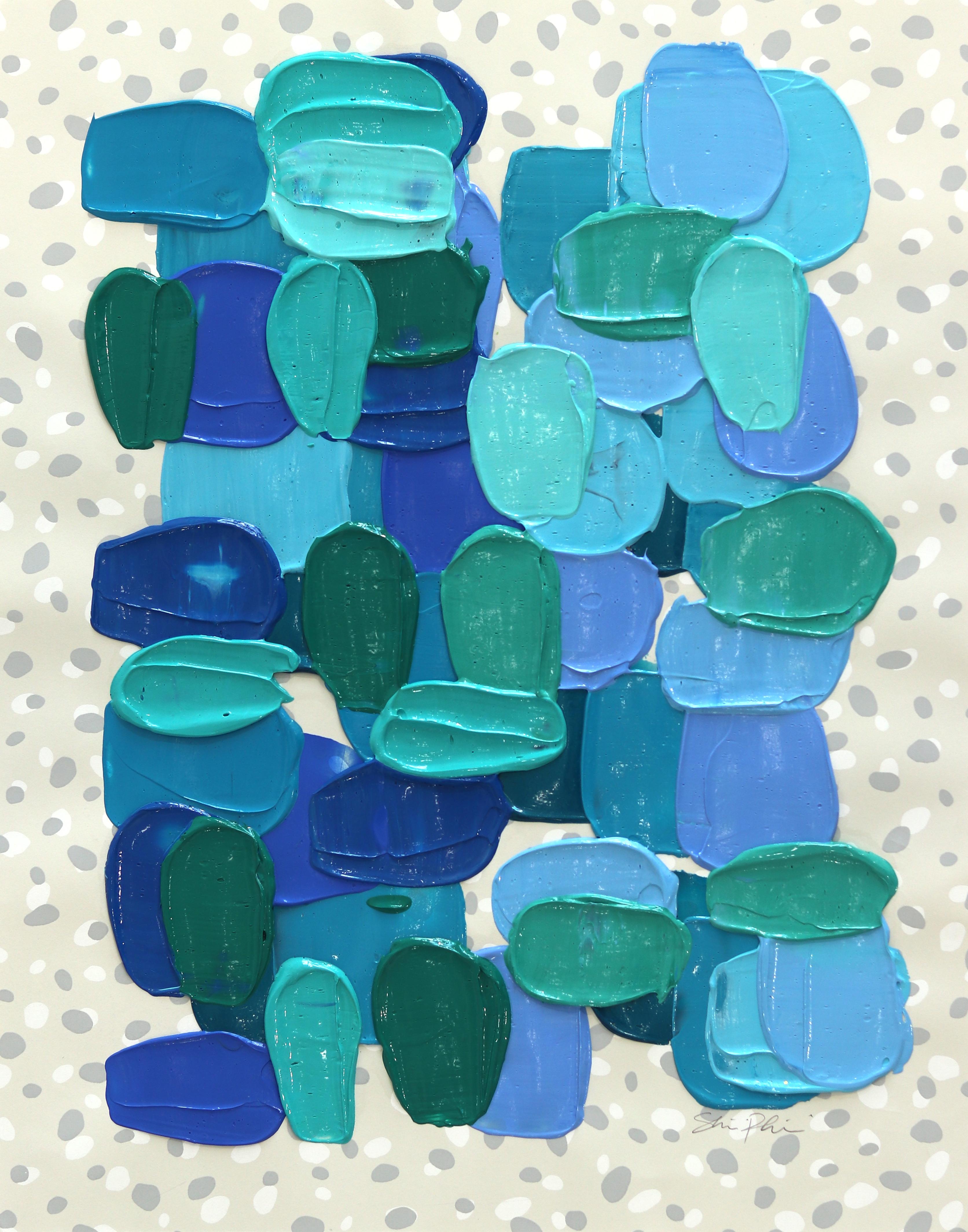 Abstract Painting Shiri Phillips - Bluey - Impasto, peinture épaisse abstraite sur papier bleu vert